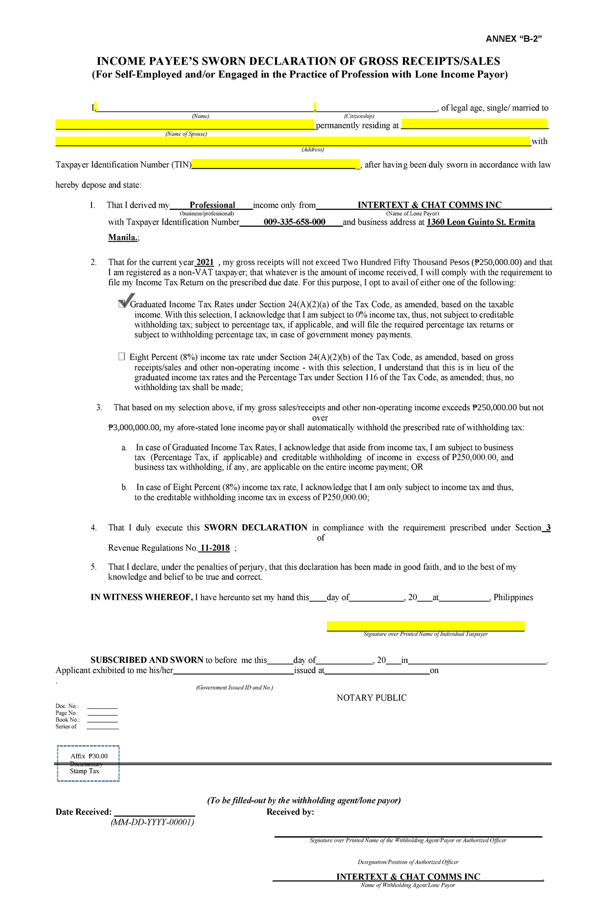 Sworn-2021 - The Summary Content - ANNEX “B-2” INCOME PAYEE’S SWORN ...