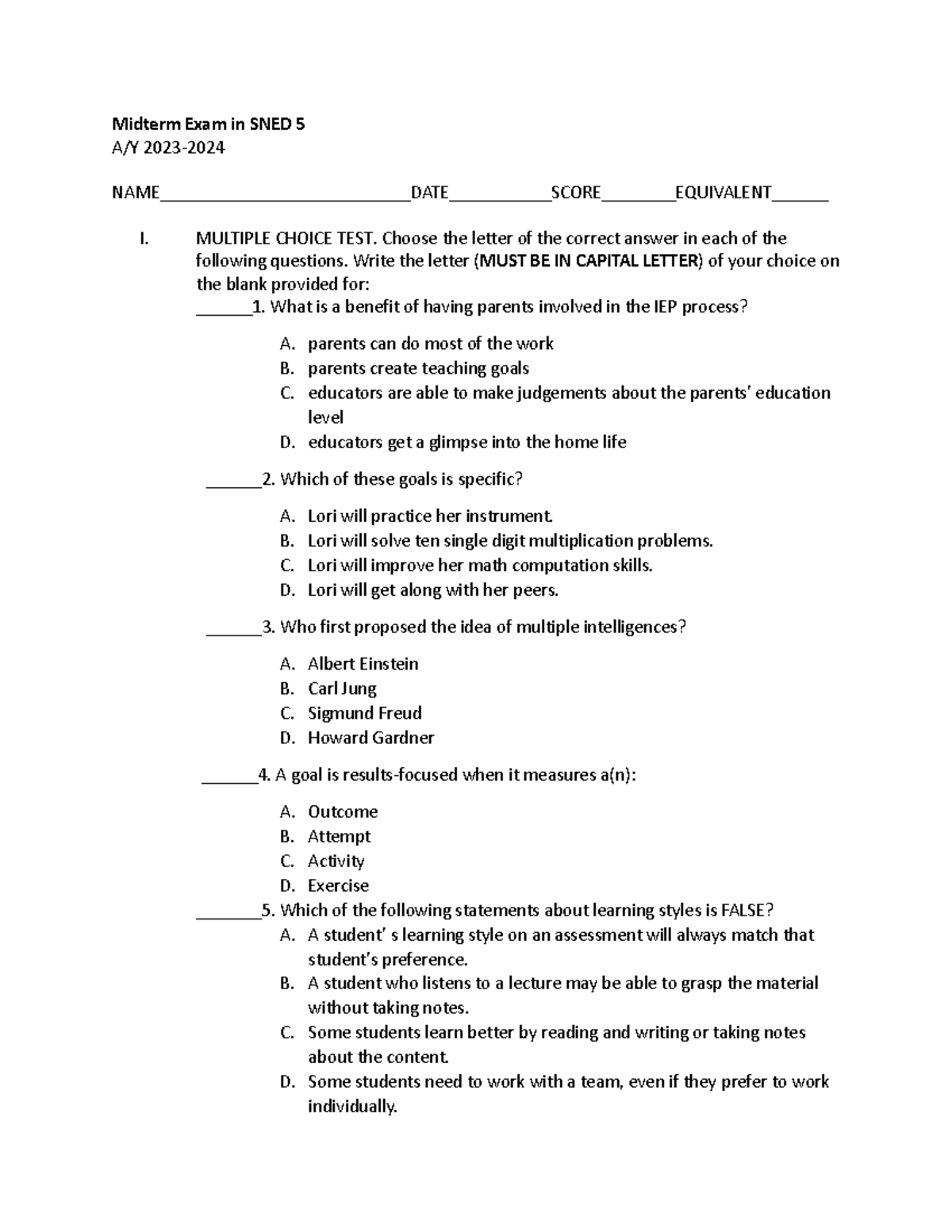 Midterm Exam in SNED 5 - practice test for gifted and talented learners ...