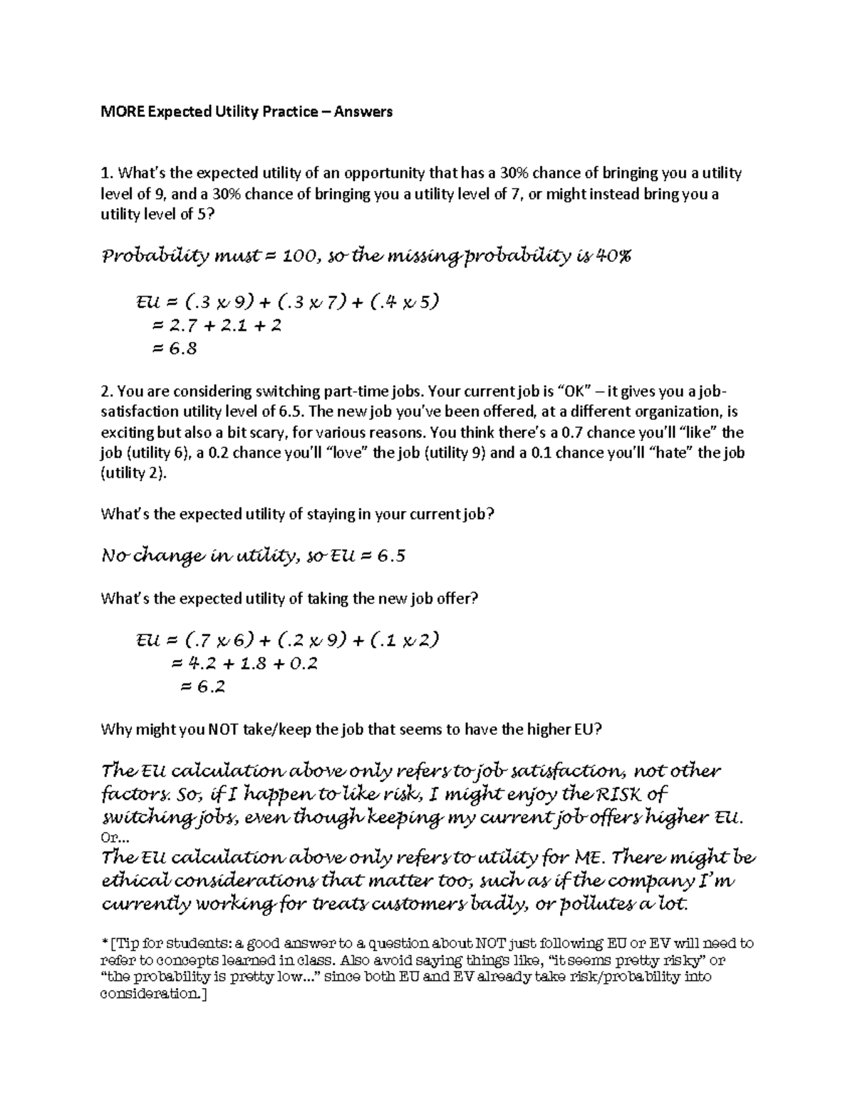 Answers to MORE Expected Utility Practice - MORE Expected Utility ...