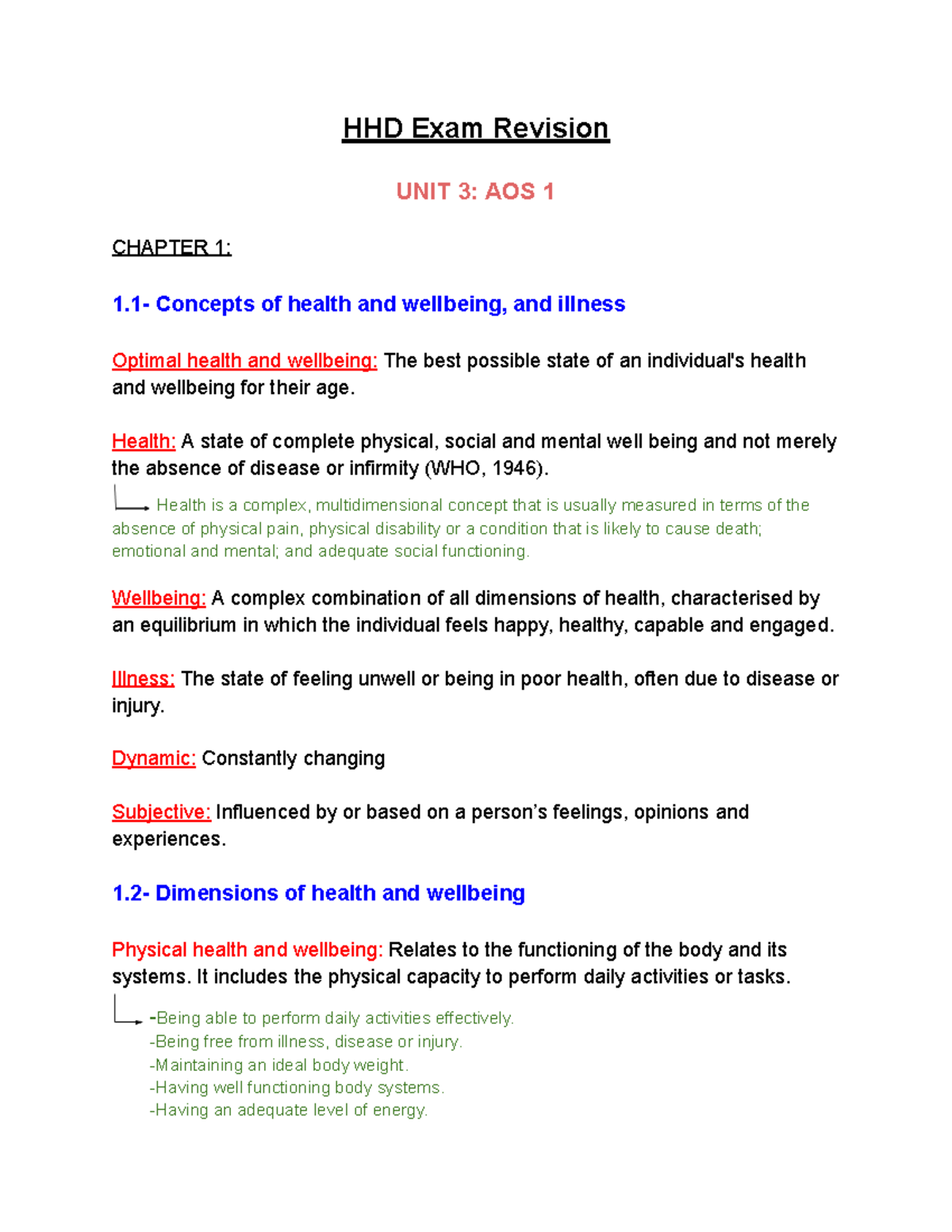 HHD Exam revision - Basic summaries of content covered throughout unit ...