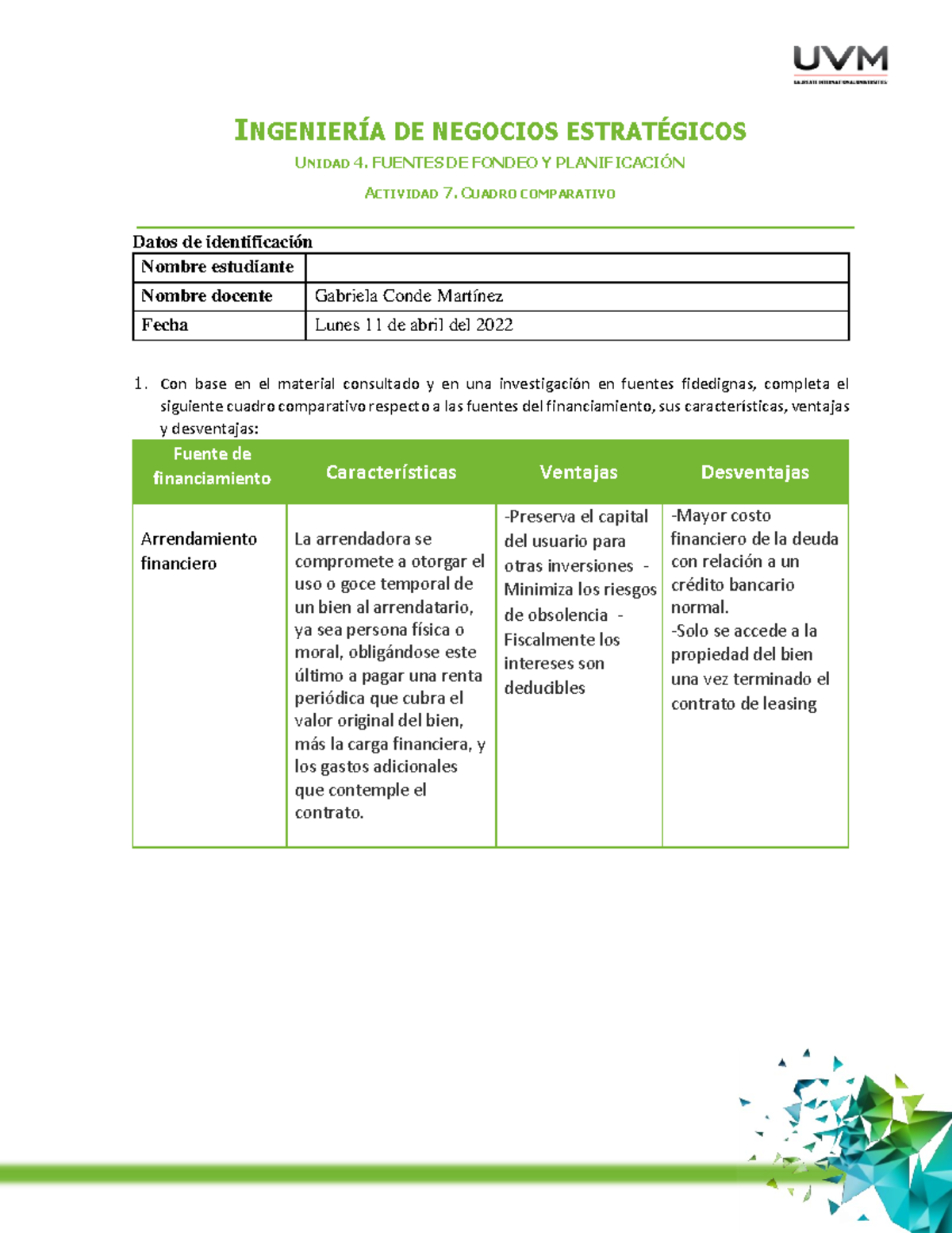 A7 Cuadro IngenierÍa De Negocios EstratÉgicos Unidad 4 Fuentes De Fondeo Y PlanificaciÓn 0316