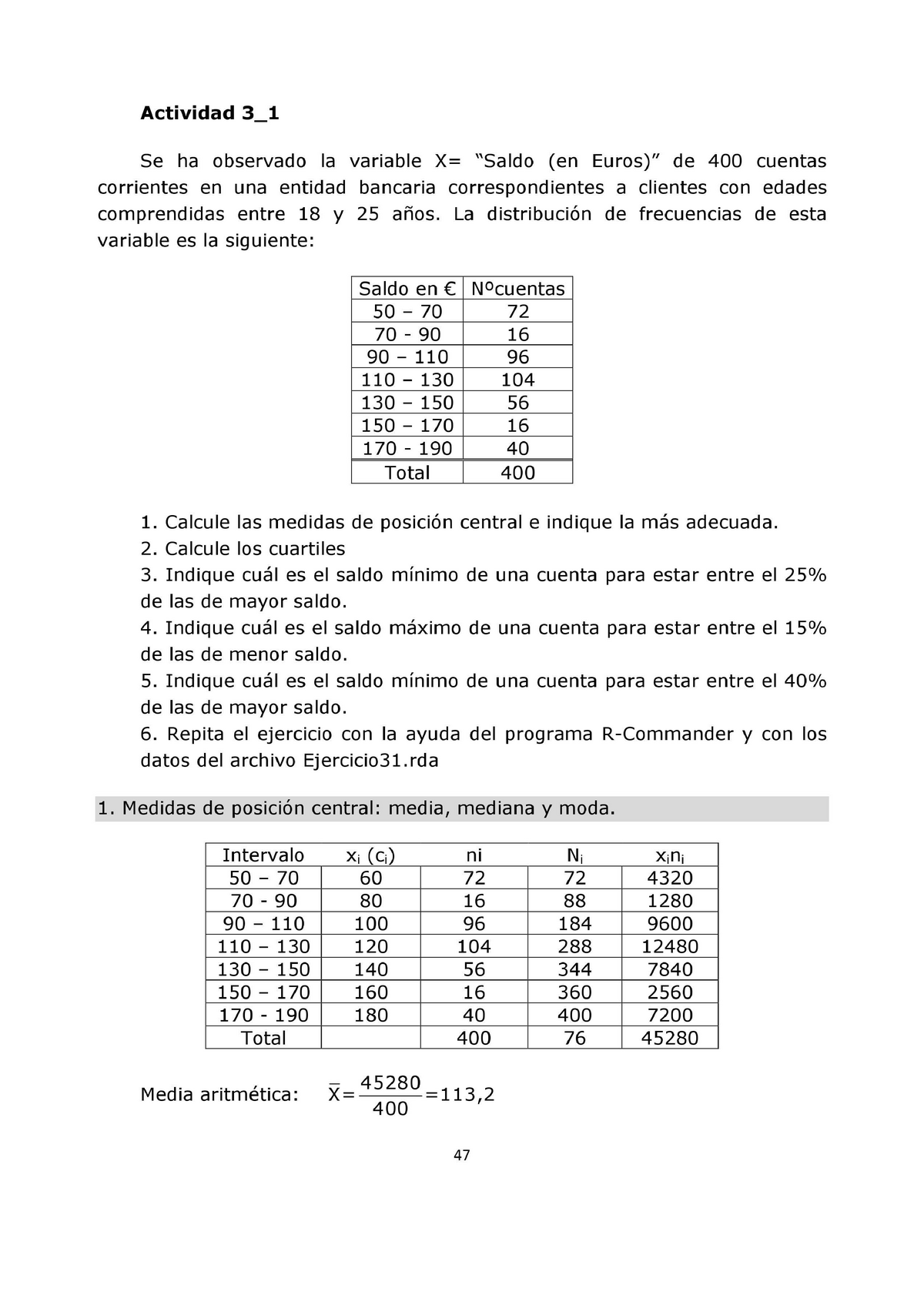 TEMA 3 Ejercicio 1 + solución - Actividad 3_1 Se ha observado la variable  X: “Saldo (en Euros)” de - Studocu