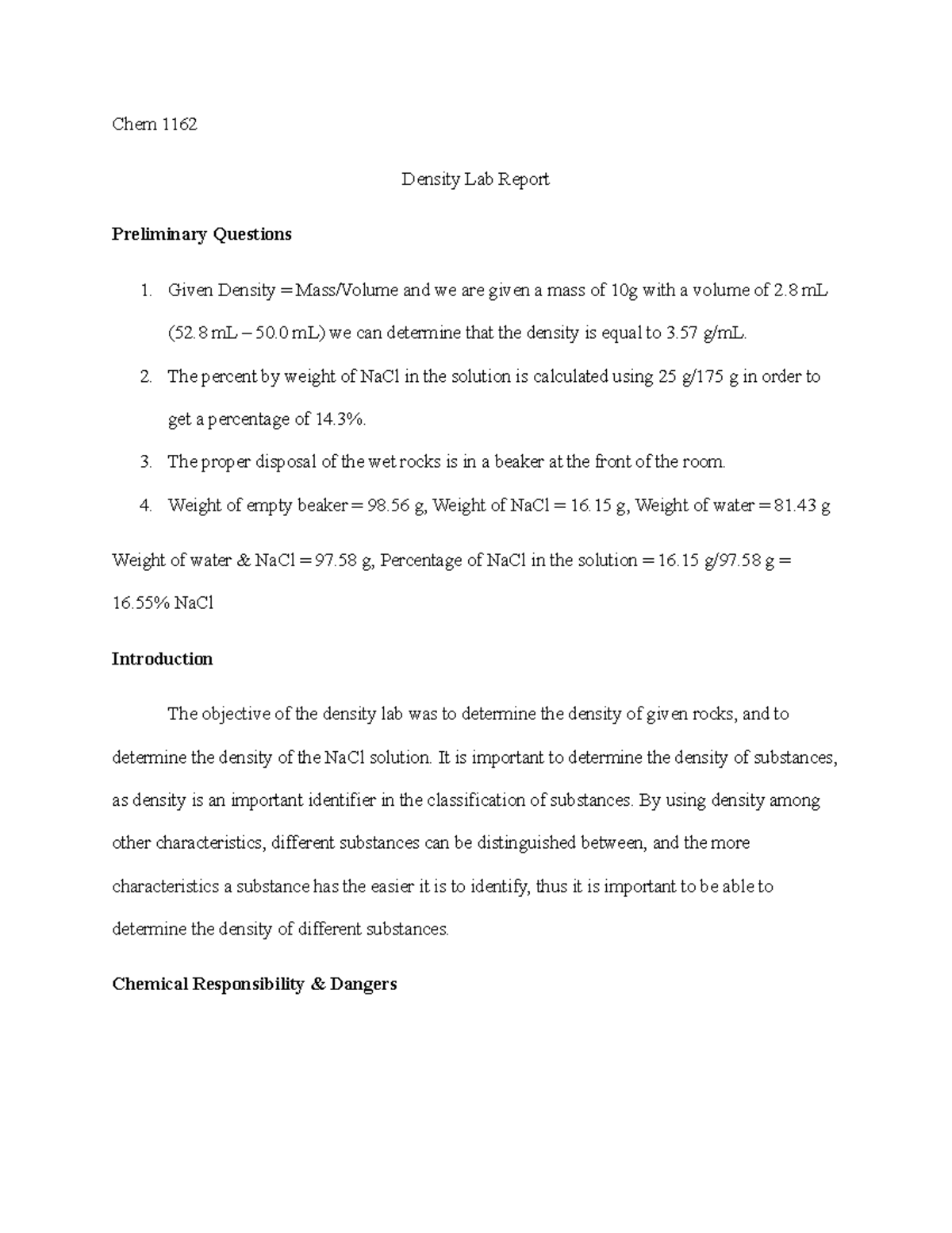 Density Lab Report - Chem 1162 Density Lab Report Preliminary Questions ...