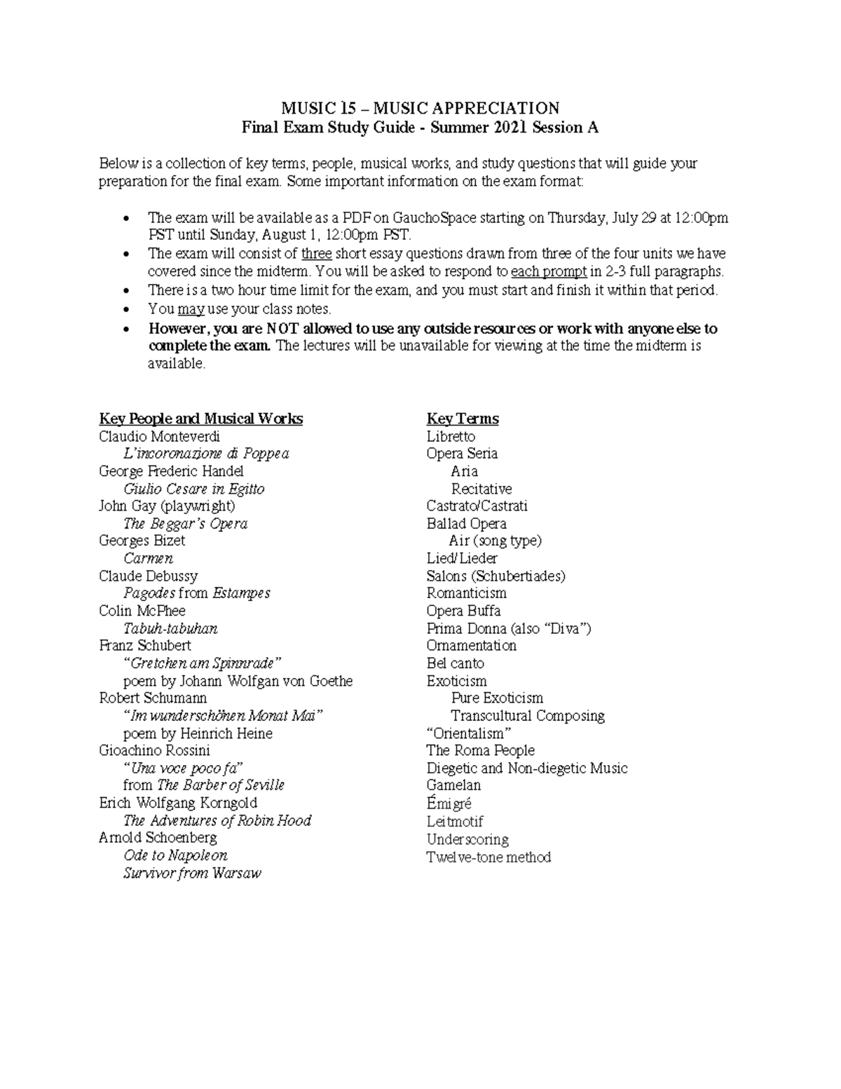 MUS 15 Final Study Guide (Unit 6-9) - MUSIC 15 – MUSIC APPRECIATION ...