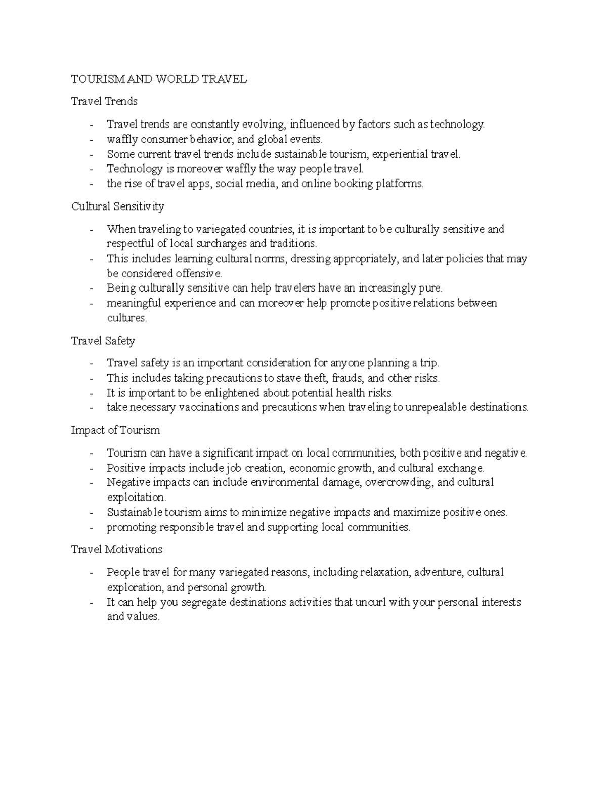 Tourism AND World Travel Notes 2 - TOURISM AND WORLD TRAVEL Travel ...