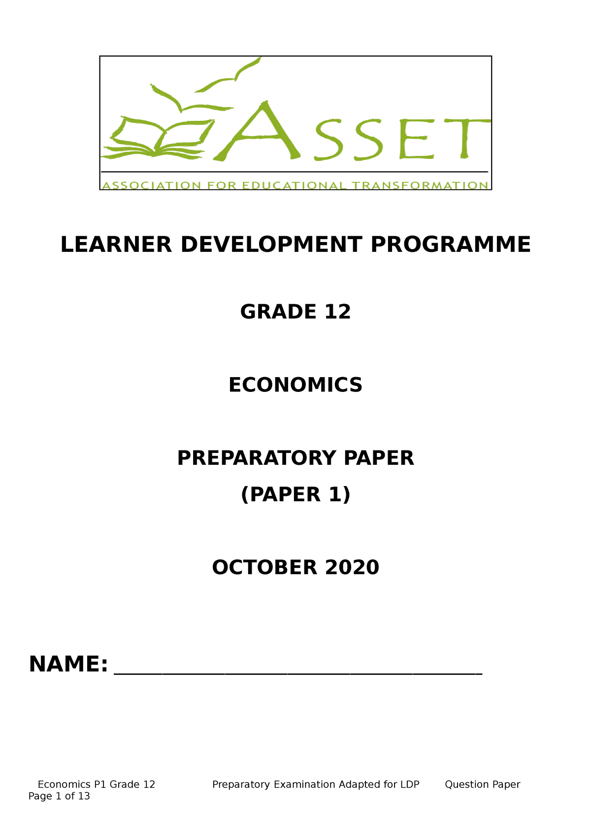 economics grade 12 term 3 assignment 2020 memorandum