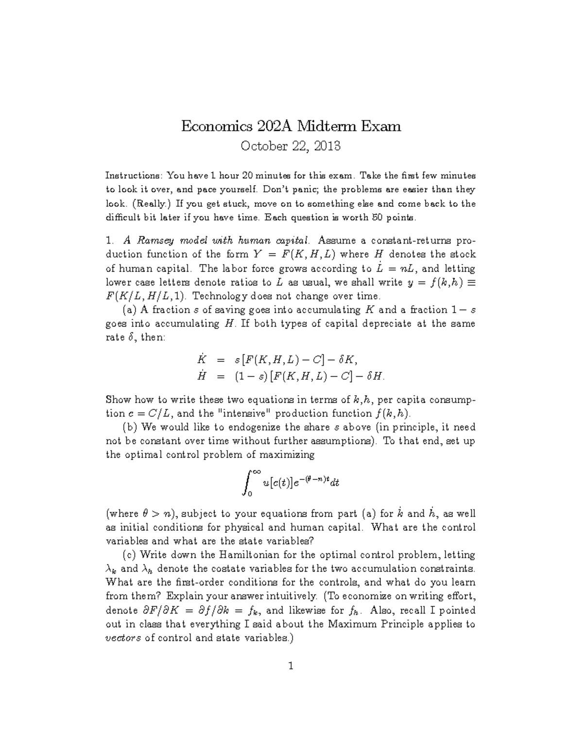 UNI Berkley 202 Midterm 2013 - Economics 202A Midterm Exam October 22 ...