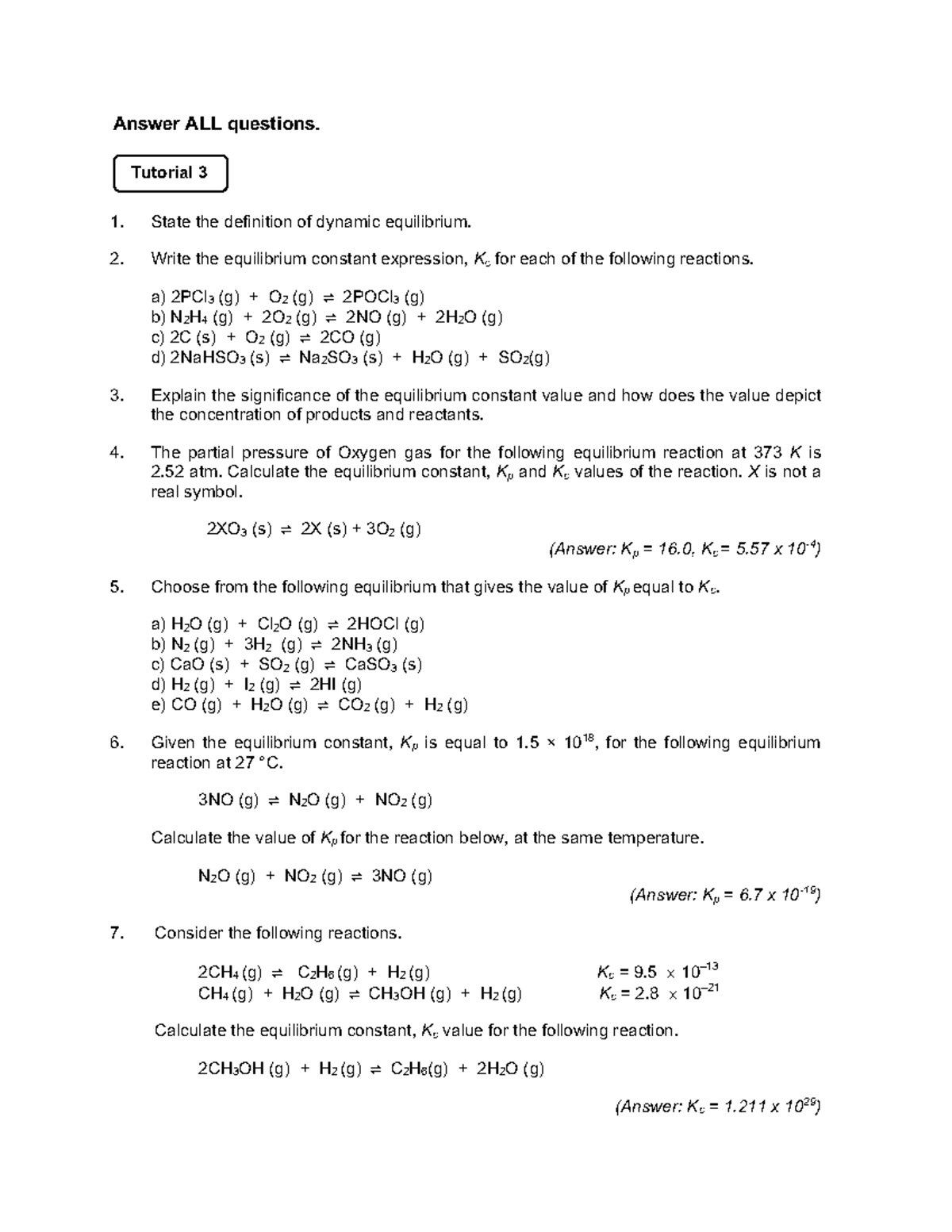 CHM096 Tutorial 3 , 4 - Answer ALL questions. State the definition of ...
