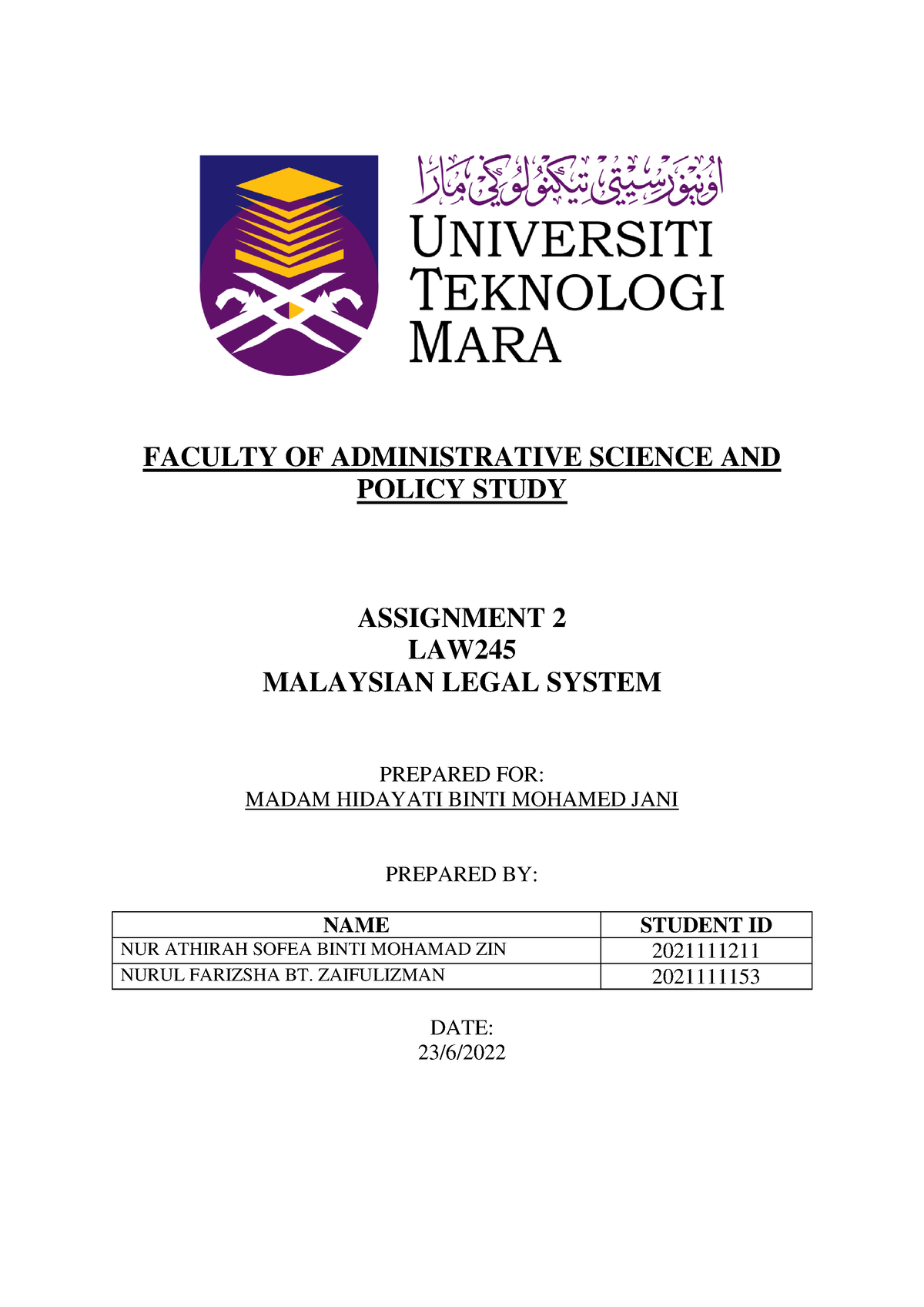 Question 3 Assignment 2 LAW245(B) - FACULTY OF ADMINISTRATIVE SCIENCE ...