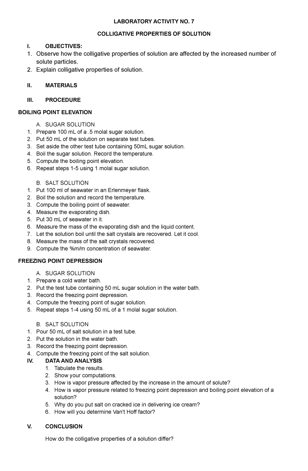 Lab activity 7 Colligative Properties - LABORATORY ACTIVITY NO. 7 ...