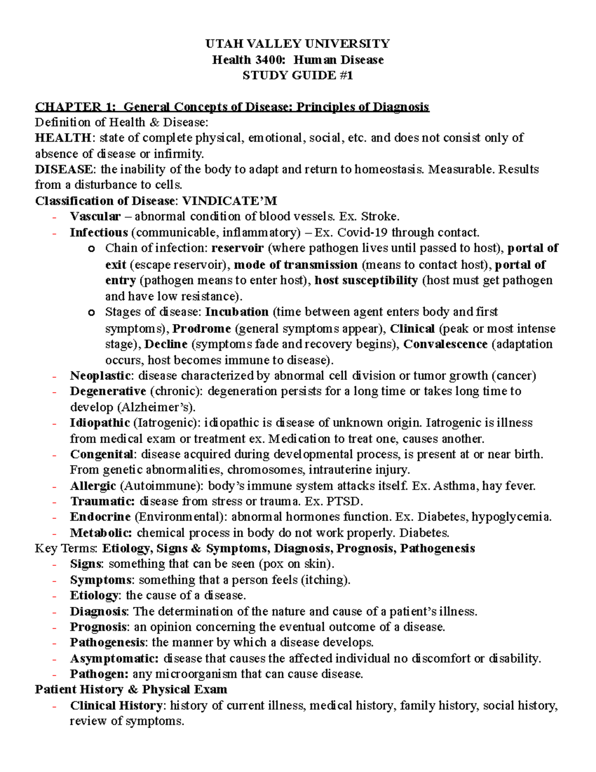 Study Guide 1 UTAH VALLEY UNIVERSITY Health 3400 Human Disease