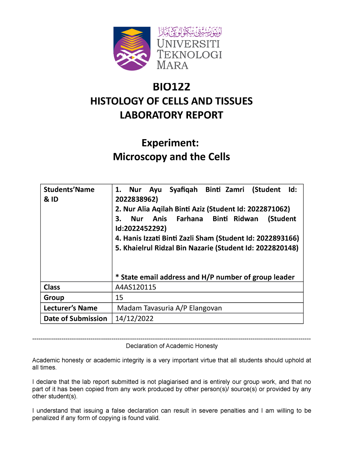 BIO122 Lab Report Template With Cover - BIO HISTOLOGY OF CELLS AND ...