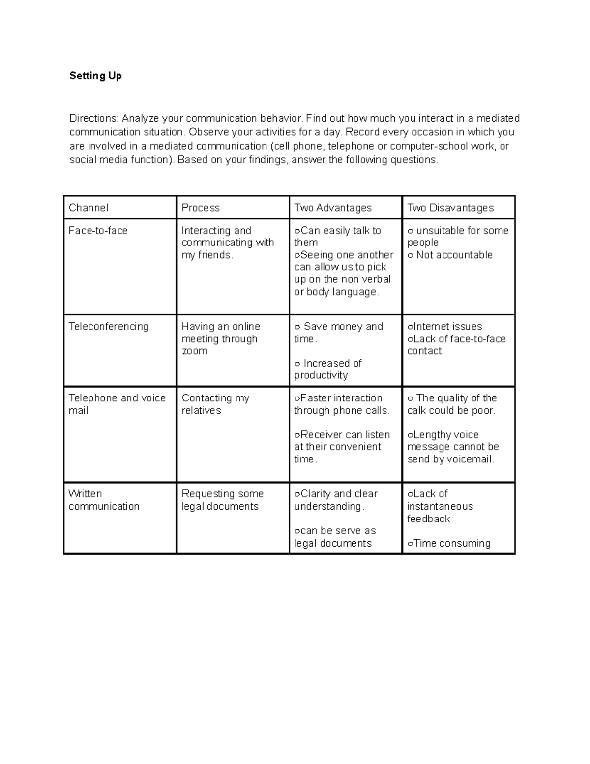 UNIT VIII Setting up - Lesson 8 - Setting Up Directions: Analyze your