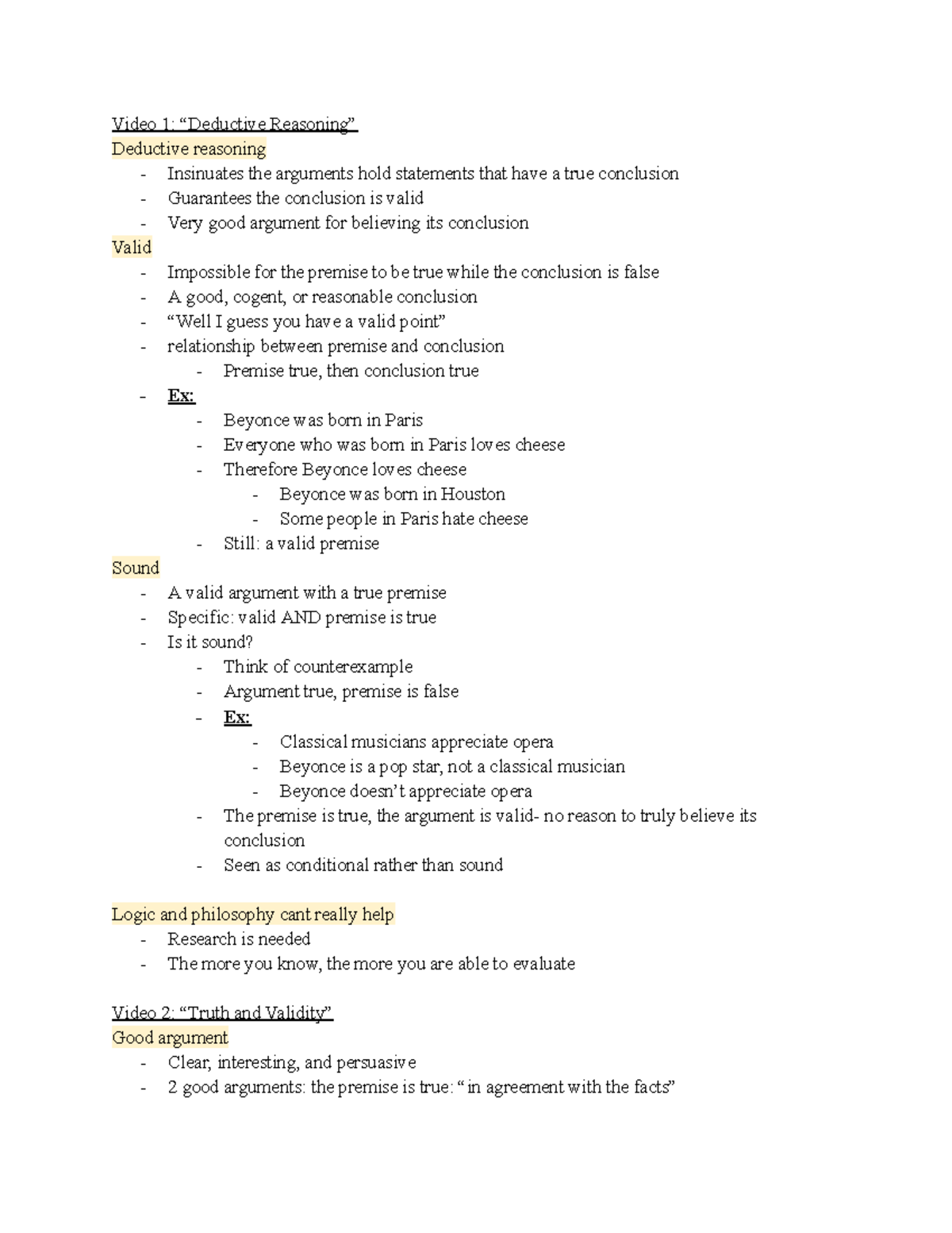 Video notes- morality - Video 1: “Deductive Reasoning” Deductive ...