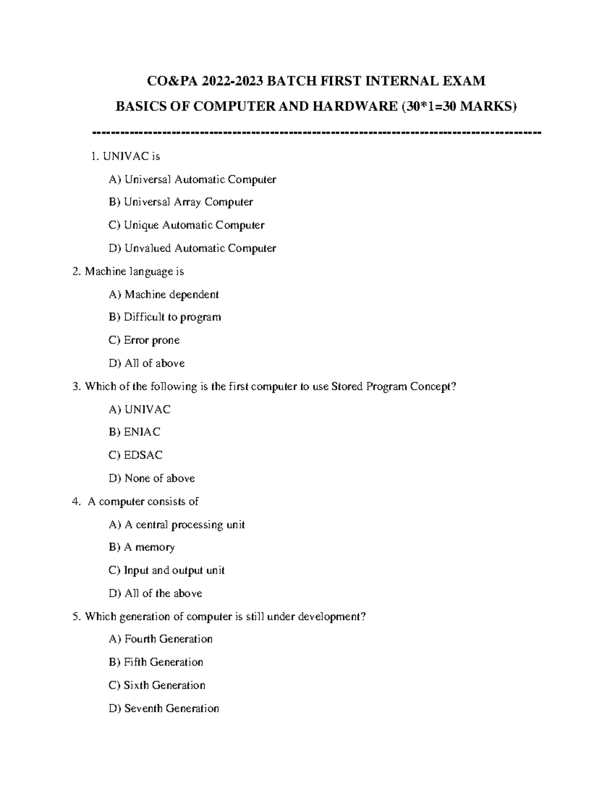 Chapter-01 - CO&PA 2022-2023 BATCH FIRST INTERNAL EXAM BASICS OF ...