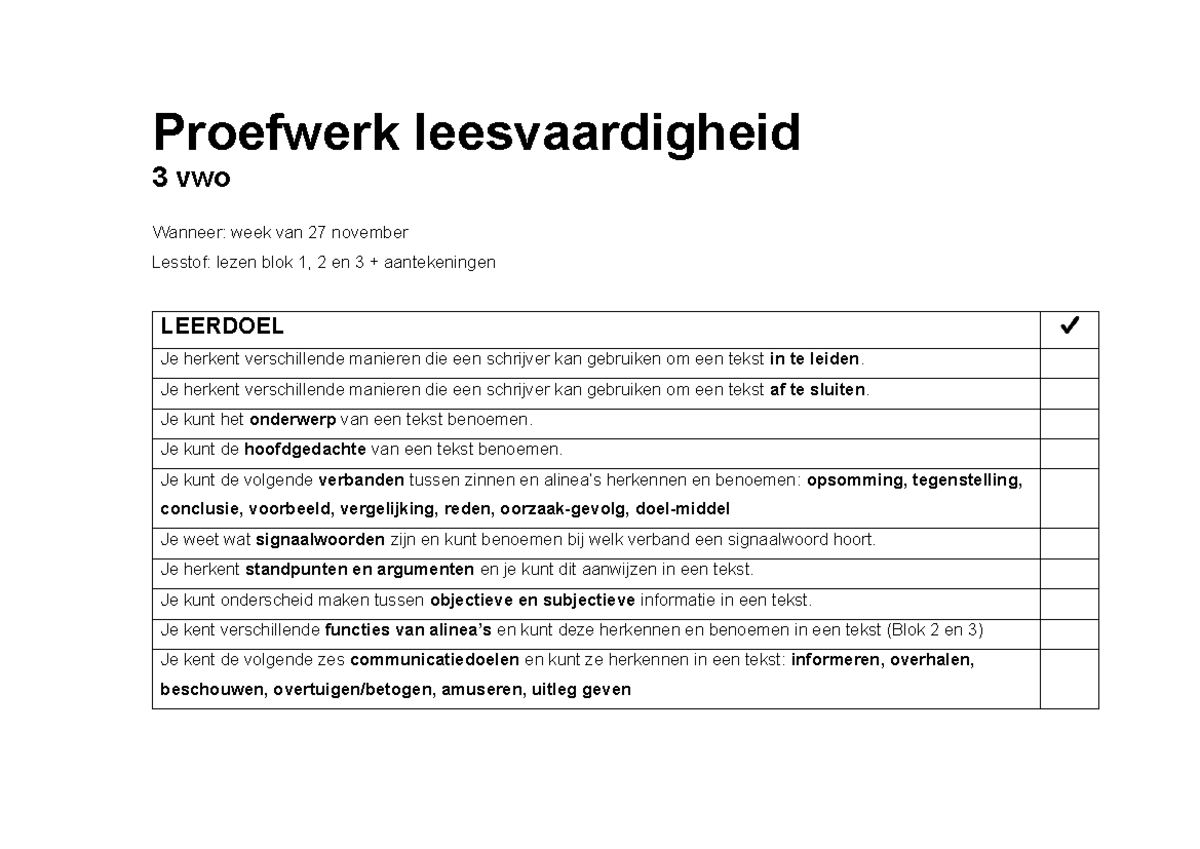 Leerdoelen-leesvaardigheid-3-vwo - Proefwerk leesvaardigheid 3 vwo