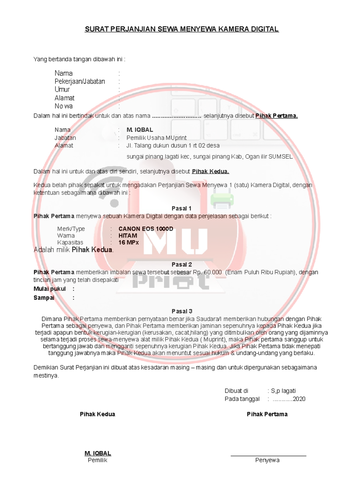 Surat perjanjian sewa kamera - SURAT PERJANJIAN SEWA MENYEWA KAMERA ...