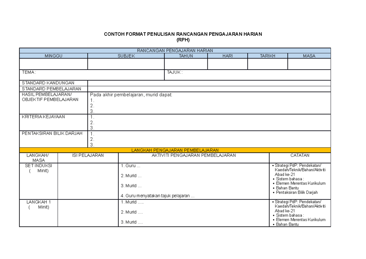 Templet RPH BM - rph pembelajaran - CONTOH FORMAT PENULISAN RANCANGAN ...