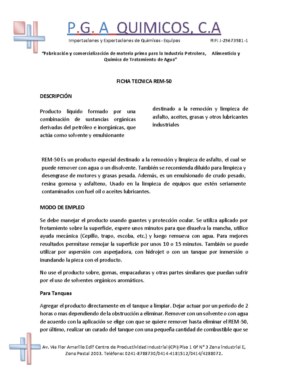 Ficha tecnica REM50 P. A QUIMICOS, C Importaciones y Exportaciones