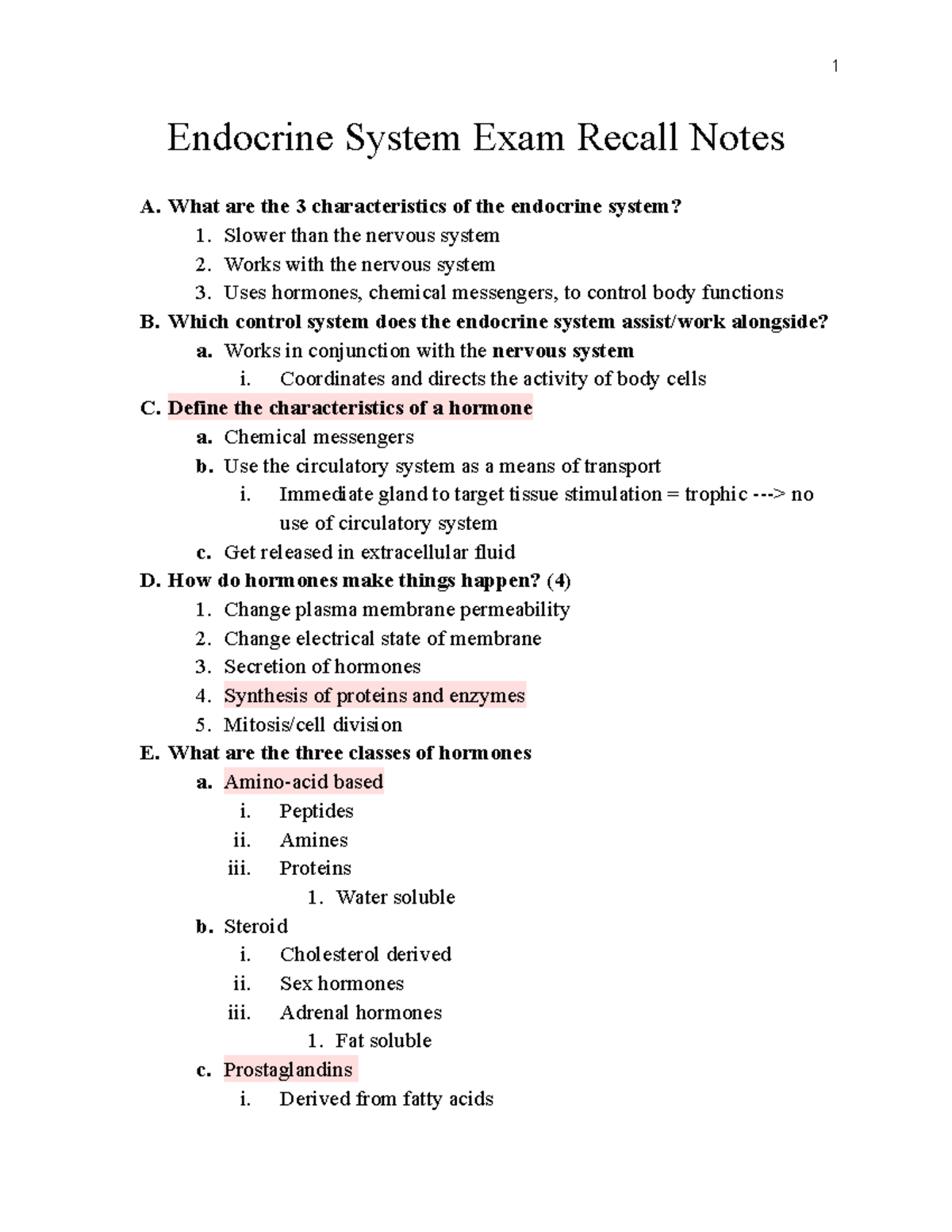 Ch 17 Recall Notes - Endocrine System Exam Recall Notes A. What Are The 