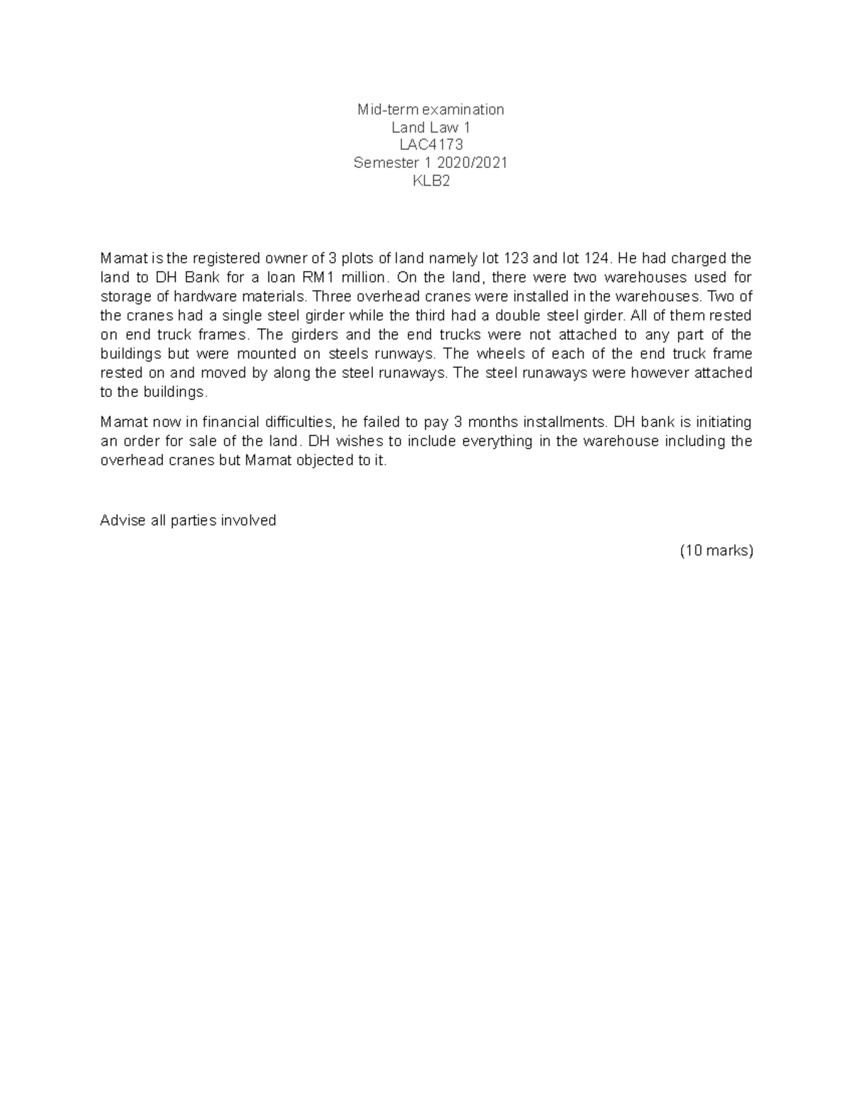 FIXTURE AND CHATTEL Midterm examination Land Law 1 LAC Semester 1