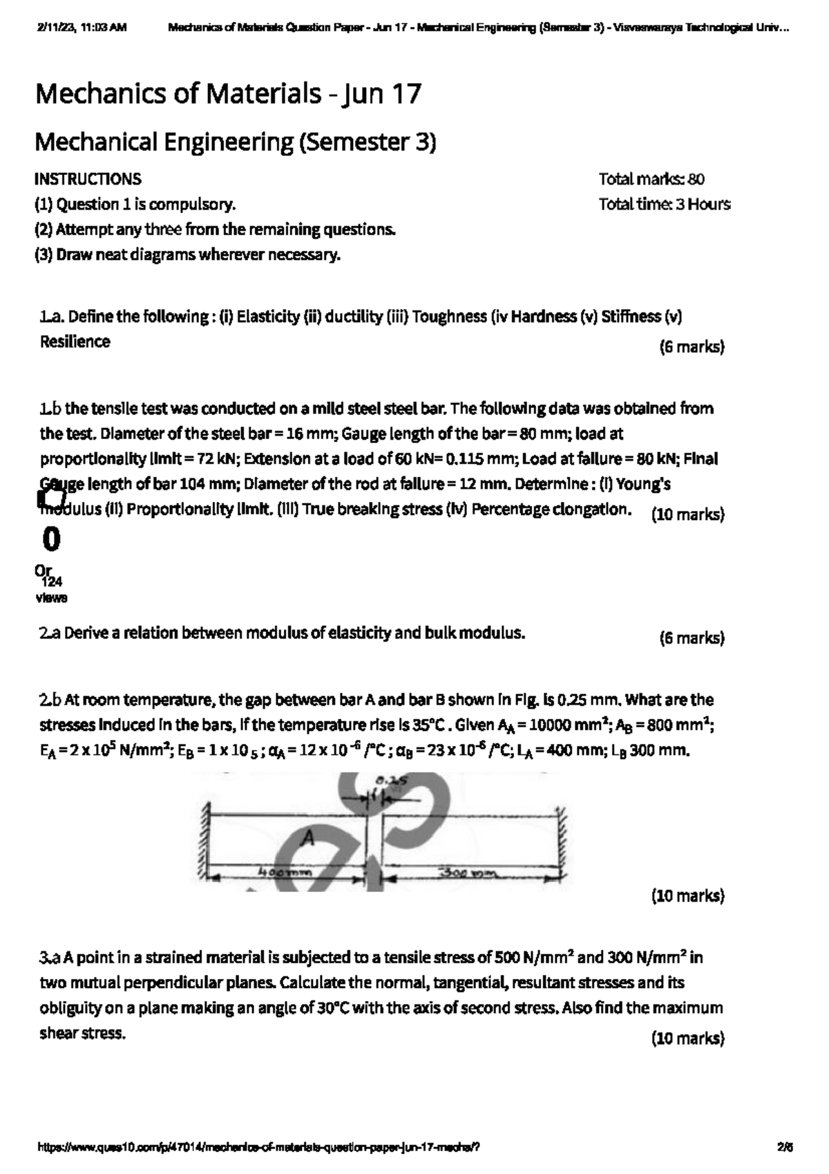 Mechanics of Materials Question Paper Engineering Mechanics Studocu