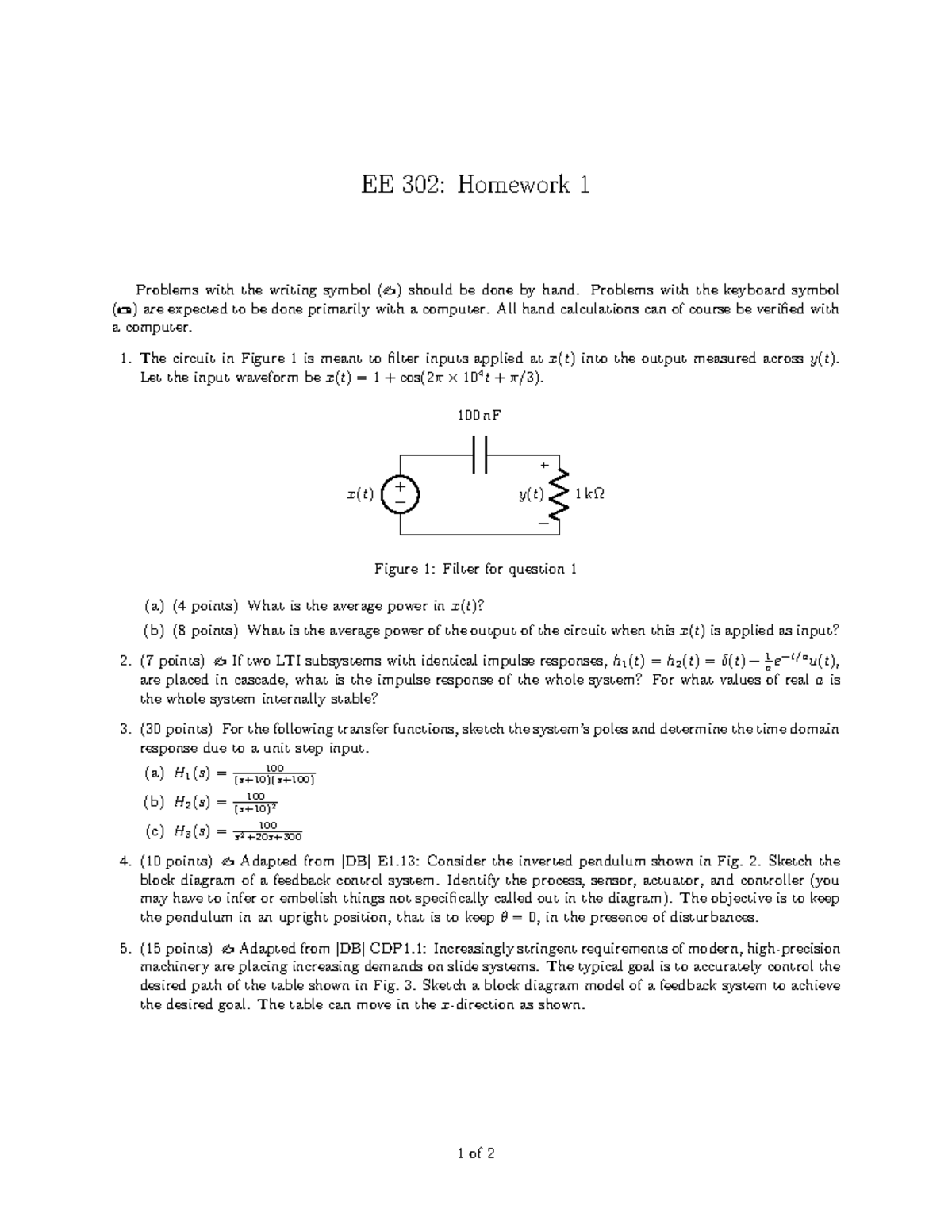 HW1 - Homework - EE 302: Homework 1 Problems With The Writing Symbol (b ...