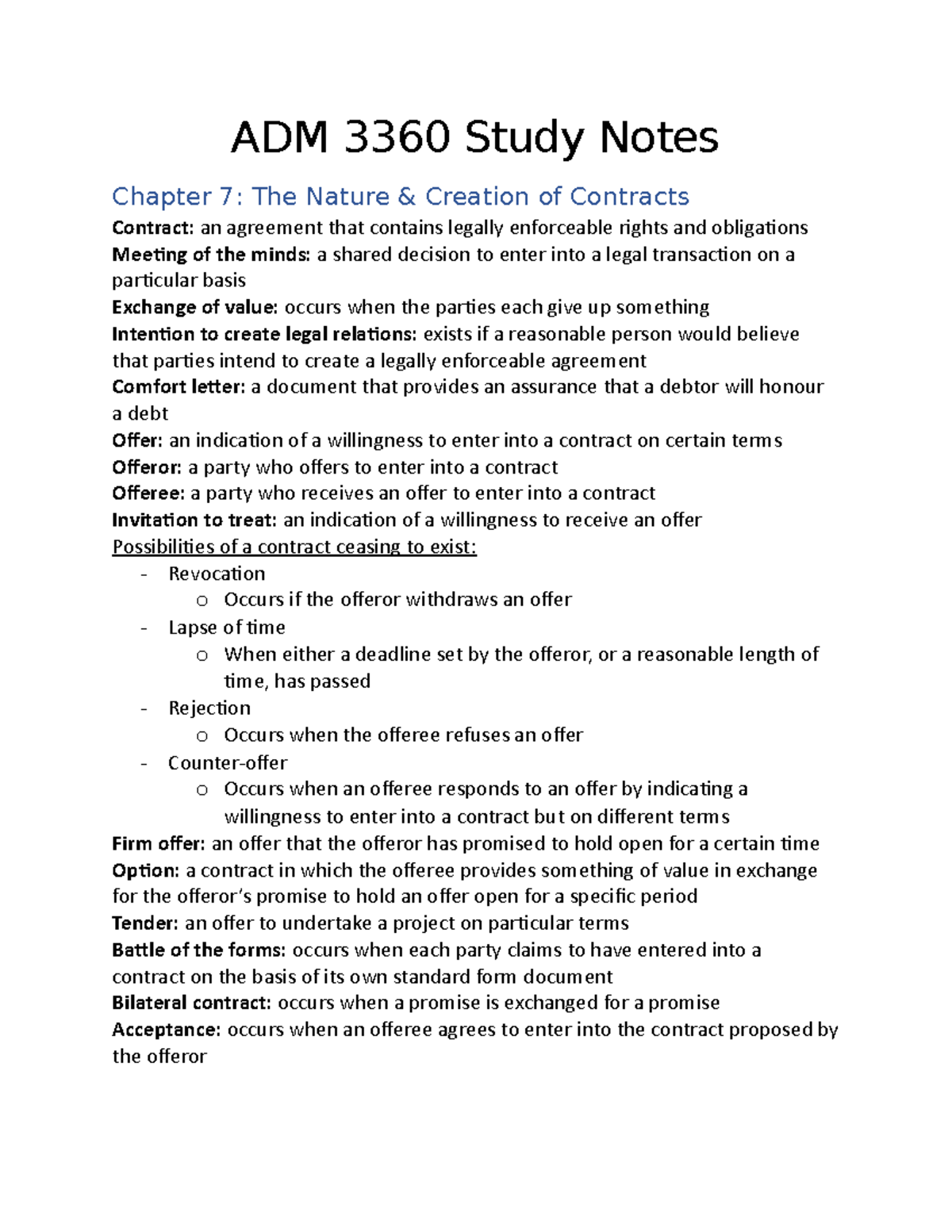 Adm 3360 Chapter 7 Notes Adm 3360 Study Notes Chapter 7 The Nature Creation Of Contracts Adm 3360 Chapter 7 Notes Adm 3360 Study Notes Chapter 7 The Nature Creation Of Contracts