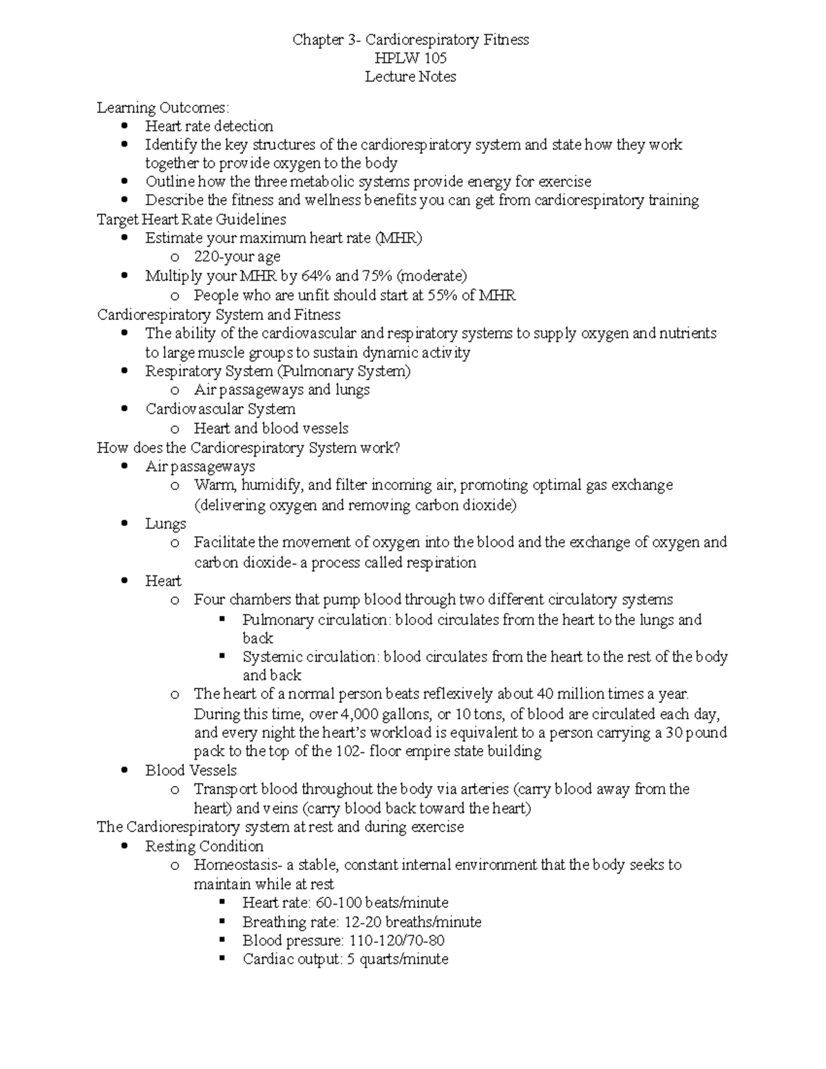 HPLW 105- chapter 3 - Lecture notes 3 - Chapter 3- Cardiorespiratory ...