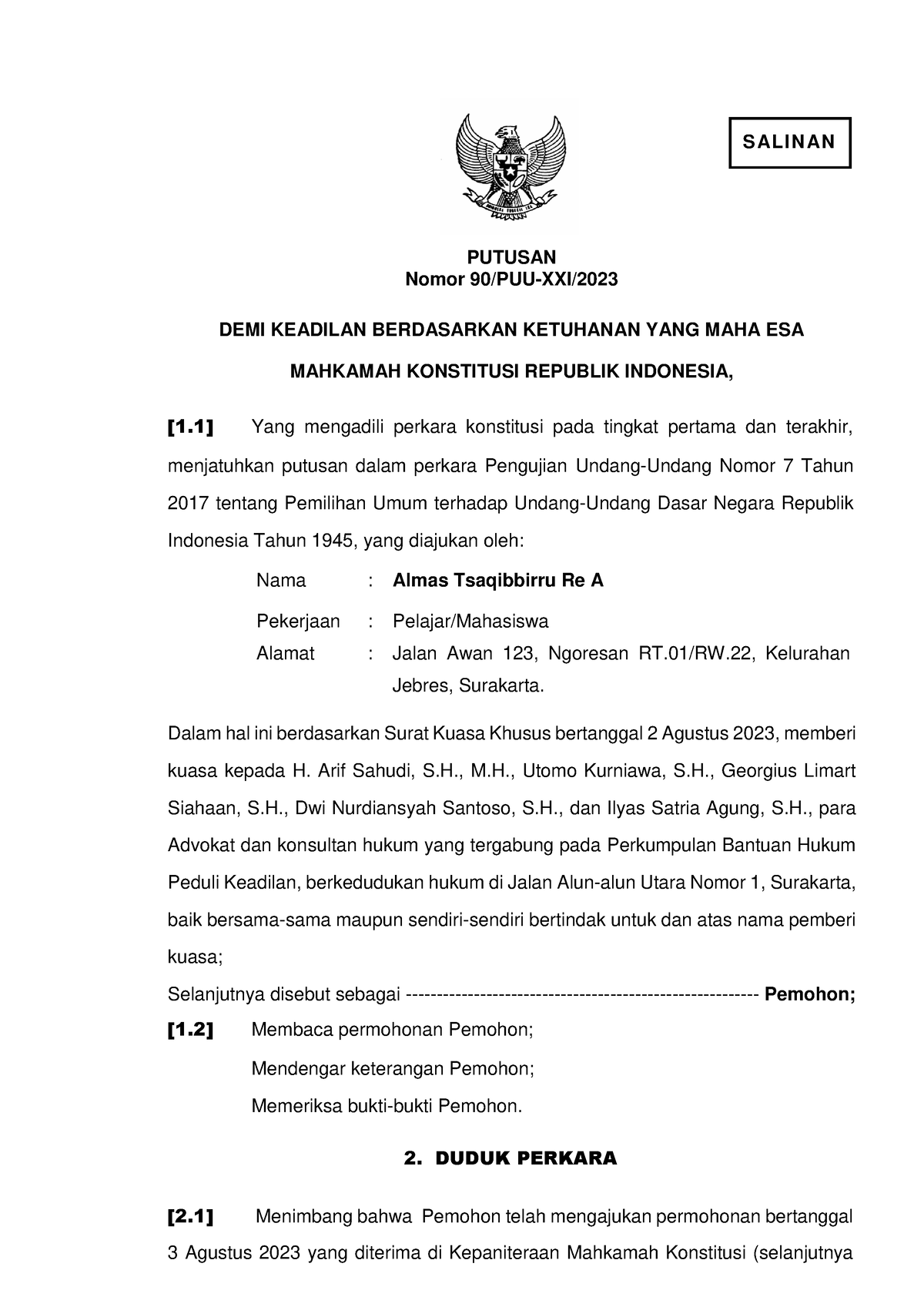 Putusan Mkri 9332 1697427438 - S ALINAN PUTUSAN Nomor 90 /PUU-XXI/20 23 ...