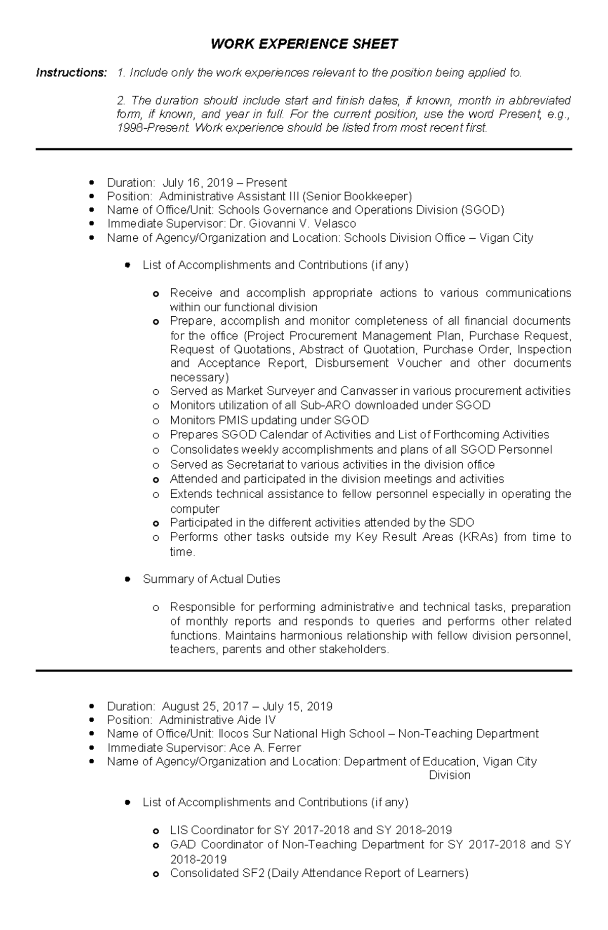 WORK Experience Sheet - WORK EXPERIENCE SHEET Instructions: 1. Include ...