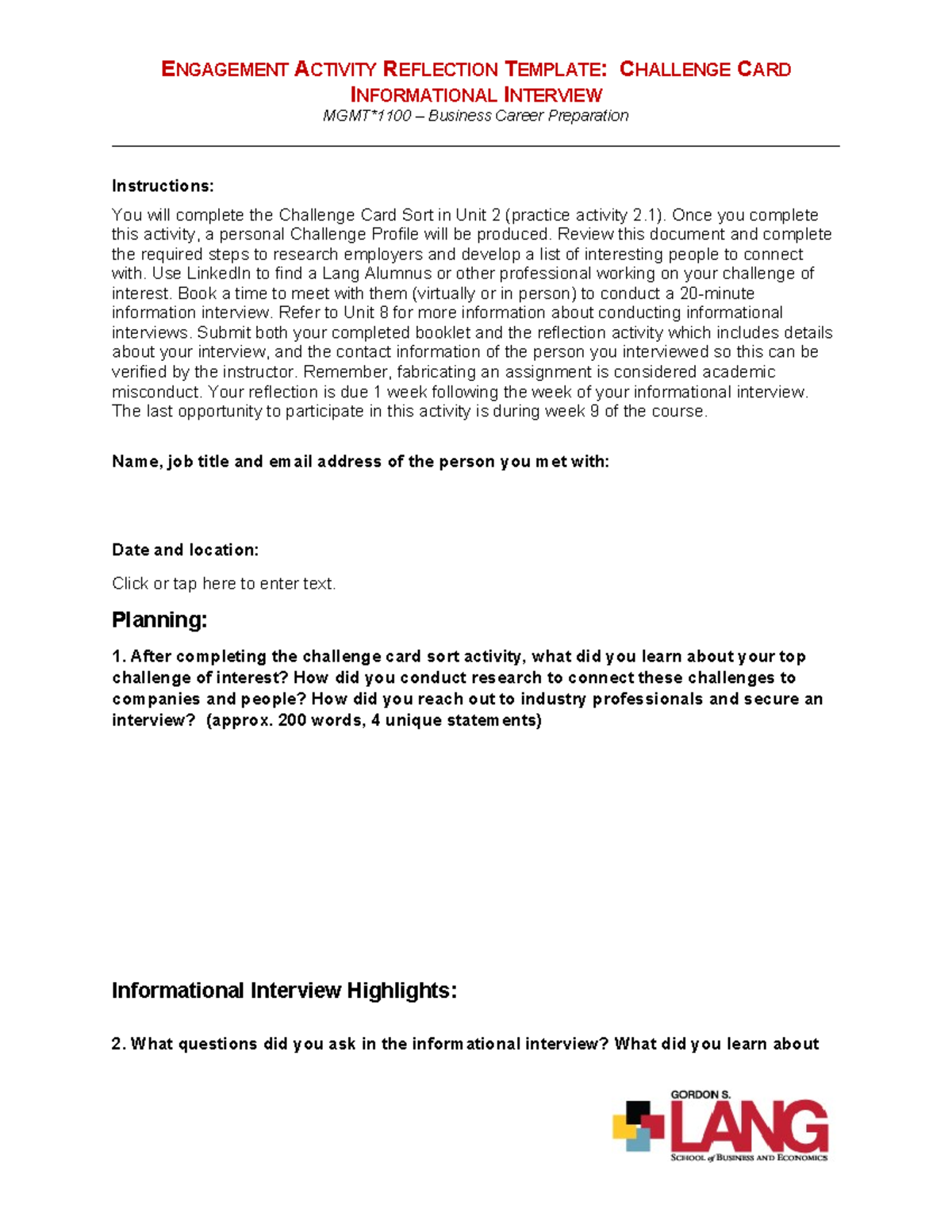 Assessment Engagement Activity Reflection Template - Challenge Card ...