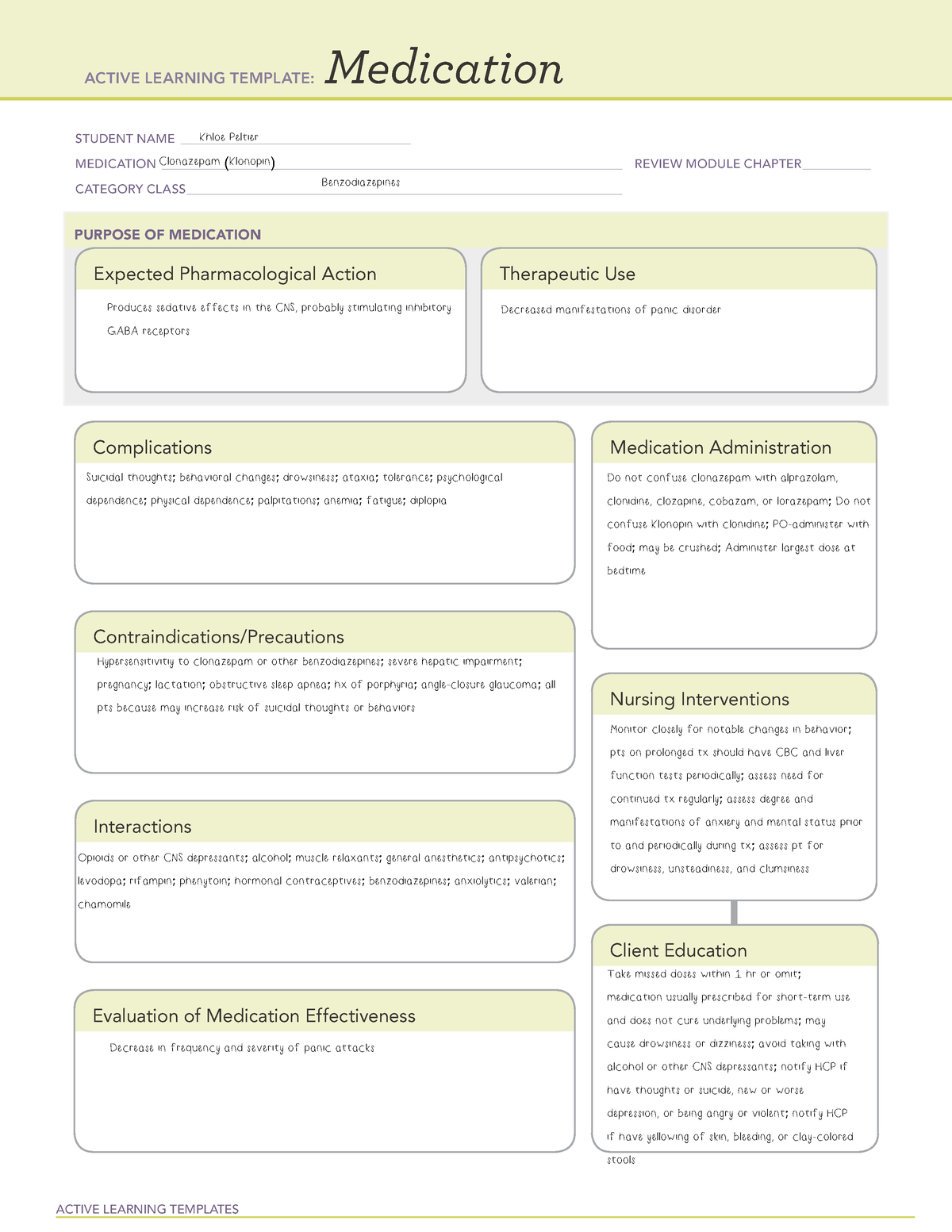 Clonazepam Medication Card ACTIVE LEARNING TEMPLATES Medication