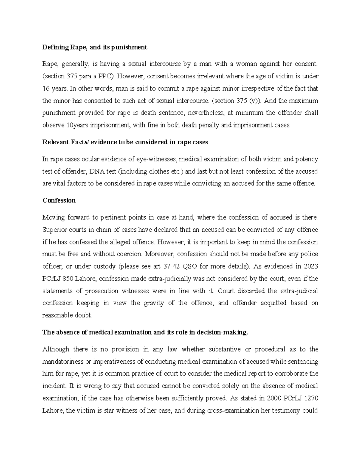 Rape- Conviction- Medical Examination - Defining Rape, and its ...