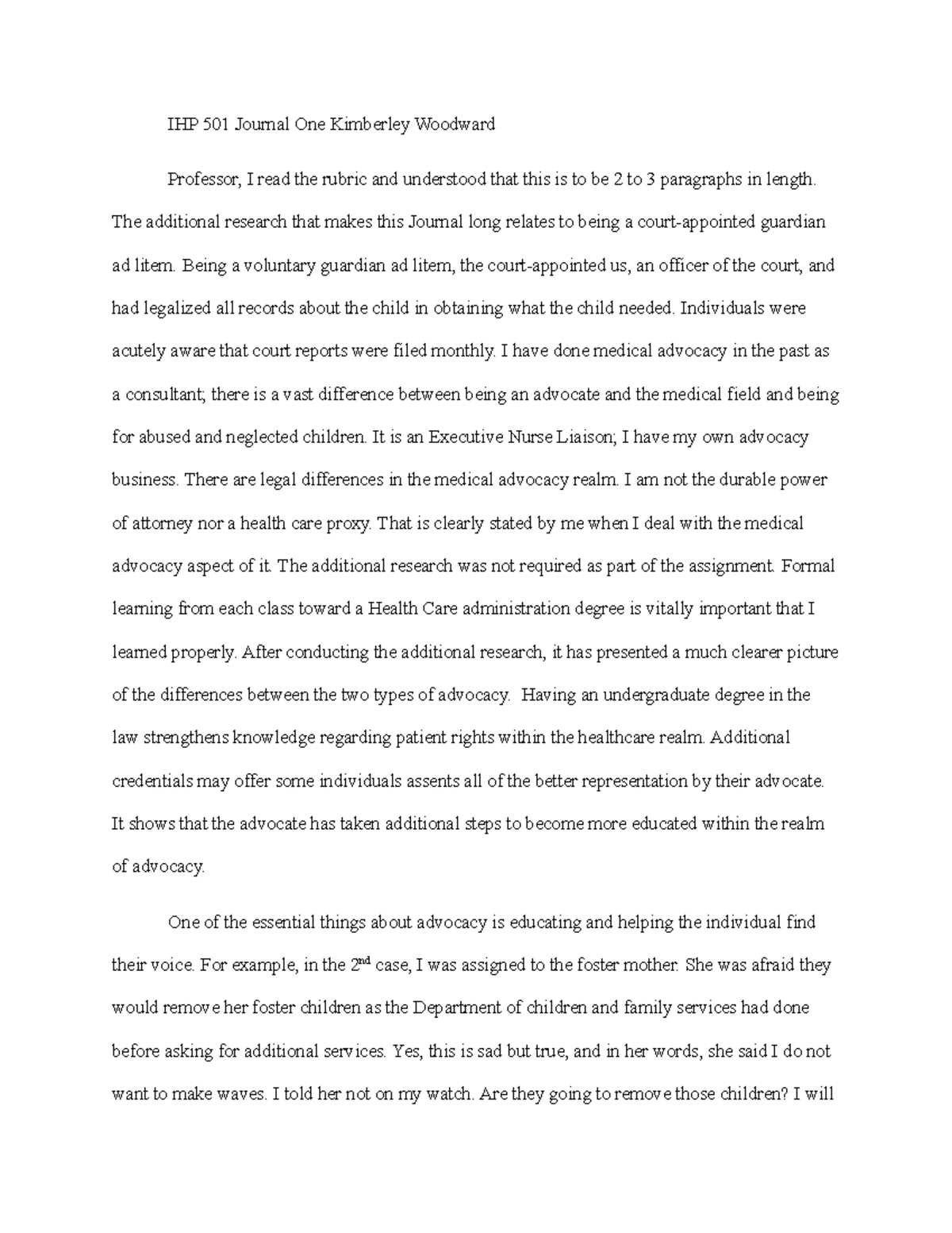 IHP 501 Journal 1-2 Advocacy Kimberley Woodward - IHP 501 Journal One ...