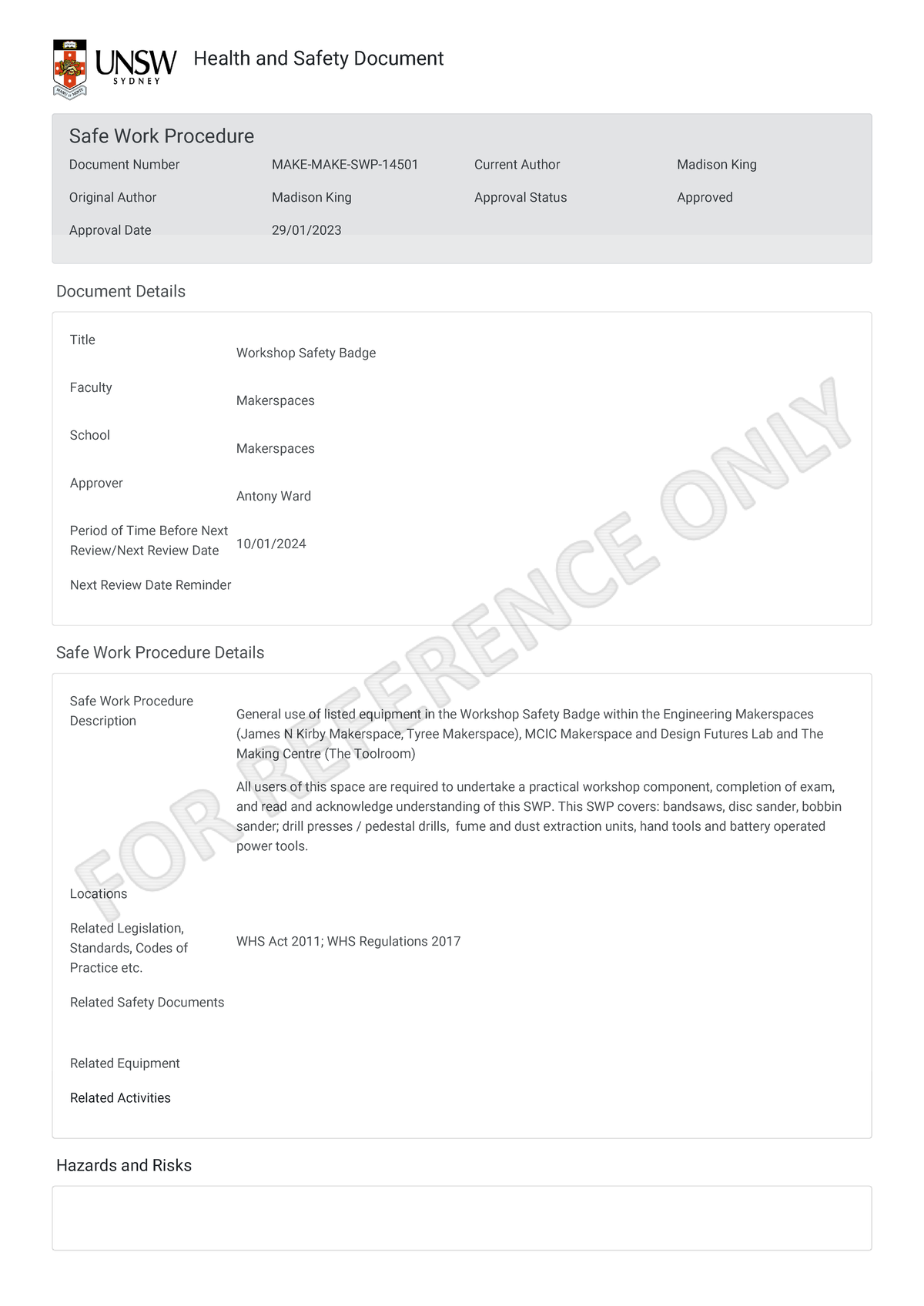 MAKE MAKE SWP 14501 - Complete details of the hazards and risks that ...