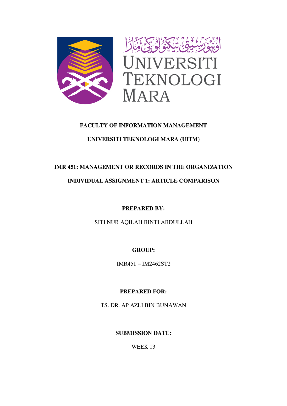 IMR451 Individual Assignment 1 Article Comparison SITI NUR Aqilah Binti ...