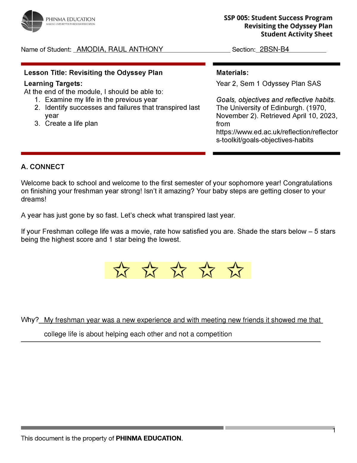 1) SSP 005 Odyssey Plan SAS - Name Of Student