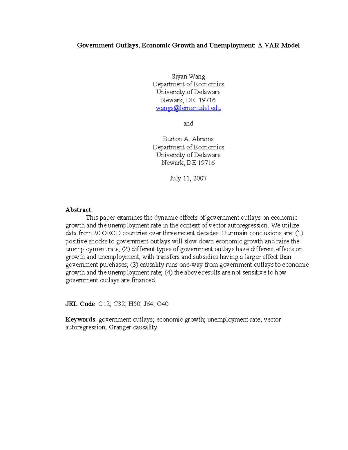 Government Outlays Economic Growth and Unemploymen (1) - udel, DE 19716 ...