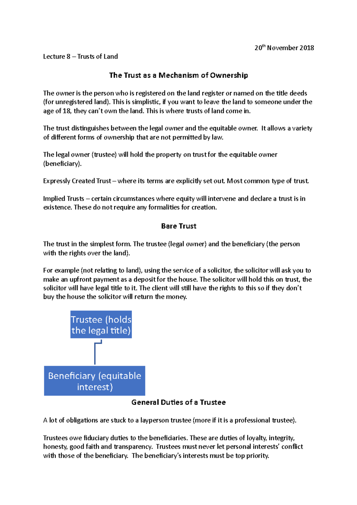 L8 Trusts of Land - Lecture notes 1 - 20th November 2018 Lecture 8 ...