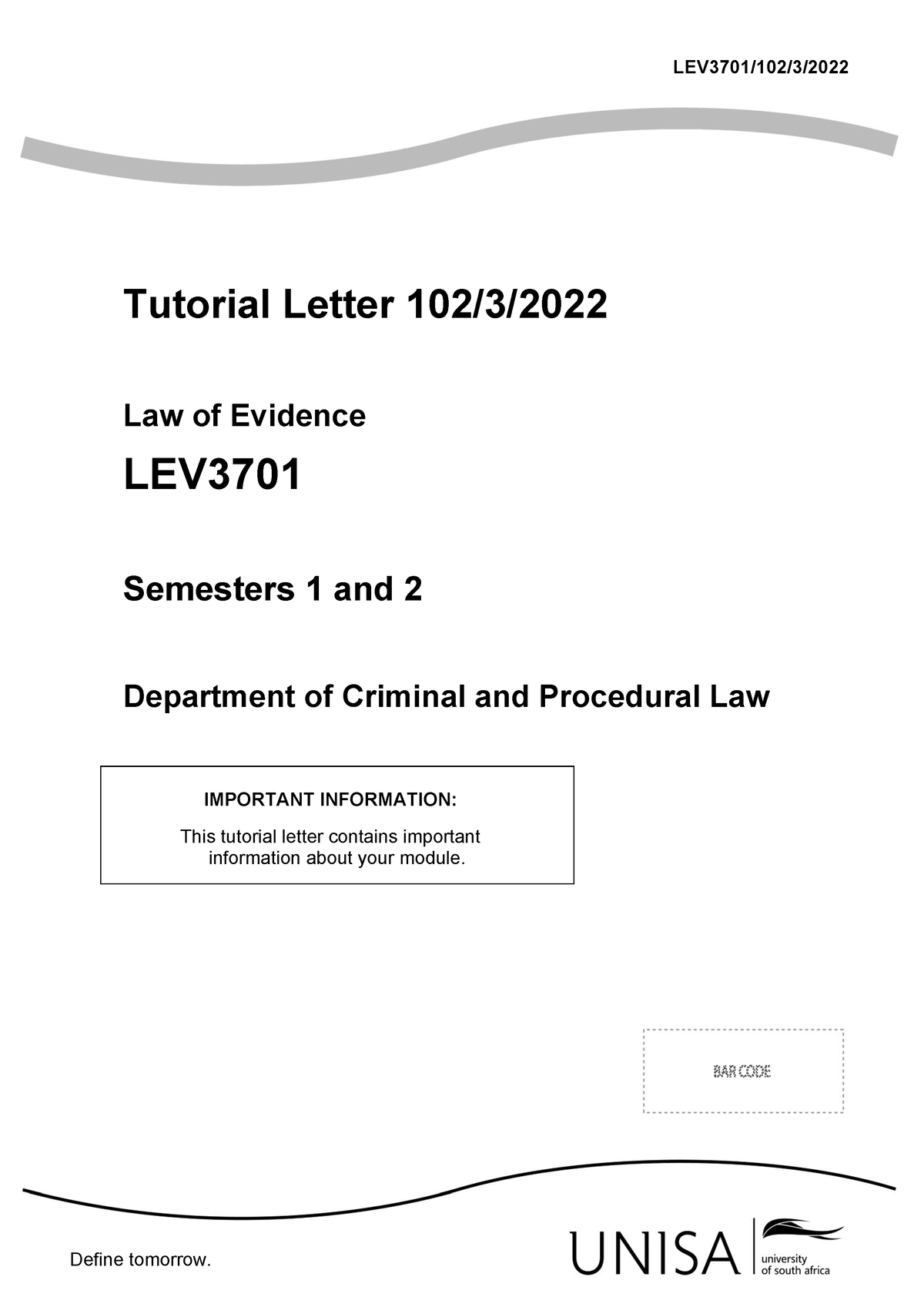 LEV3701 Tut102 2022 3 B - Tutorial Letter 102/3/ Law Of Evidence LEV ...