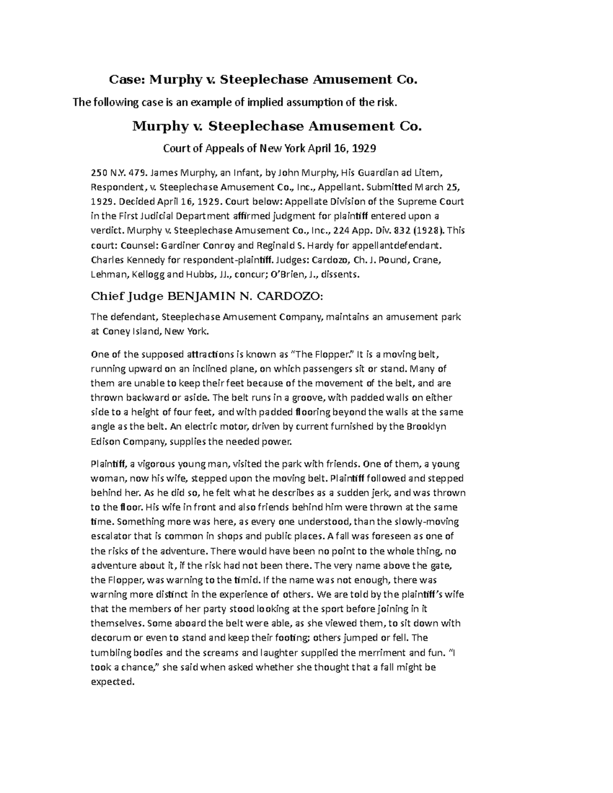 Tort law m76 - Tort law - Case: Murphy v. Steeplechase Amusement Co ...