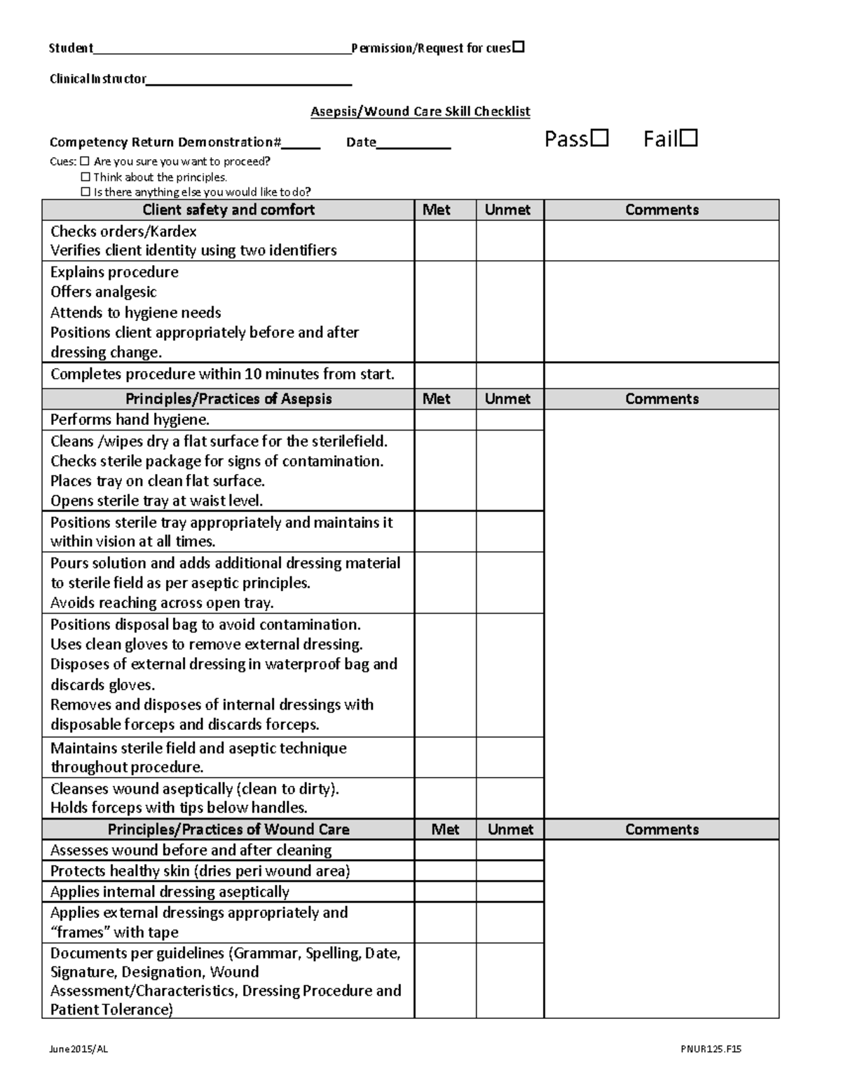 Asepsis Wound Care Checklist 1 - Student Permission/Request for cues ...