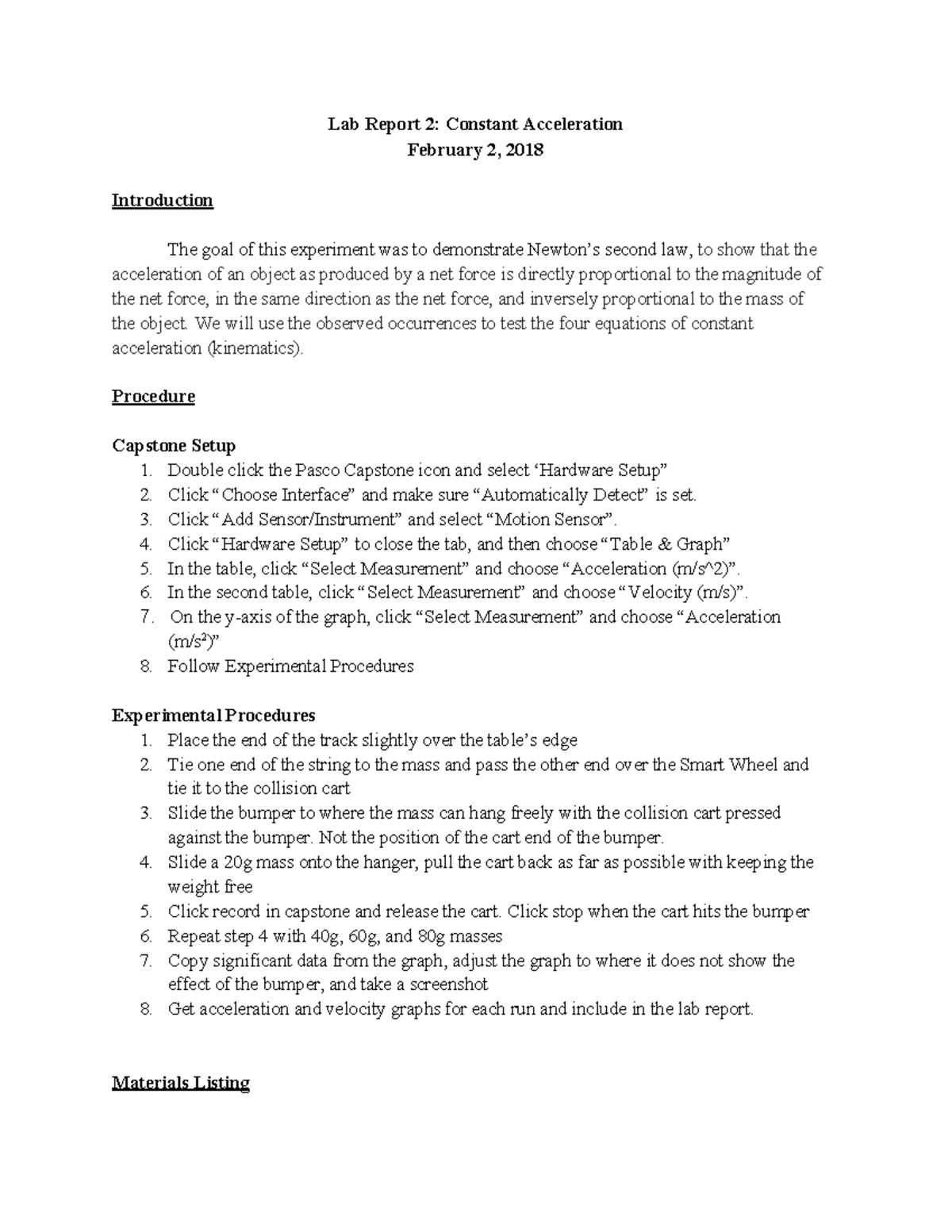 Lab Report 2: Constant Acceleration - Studocu