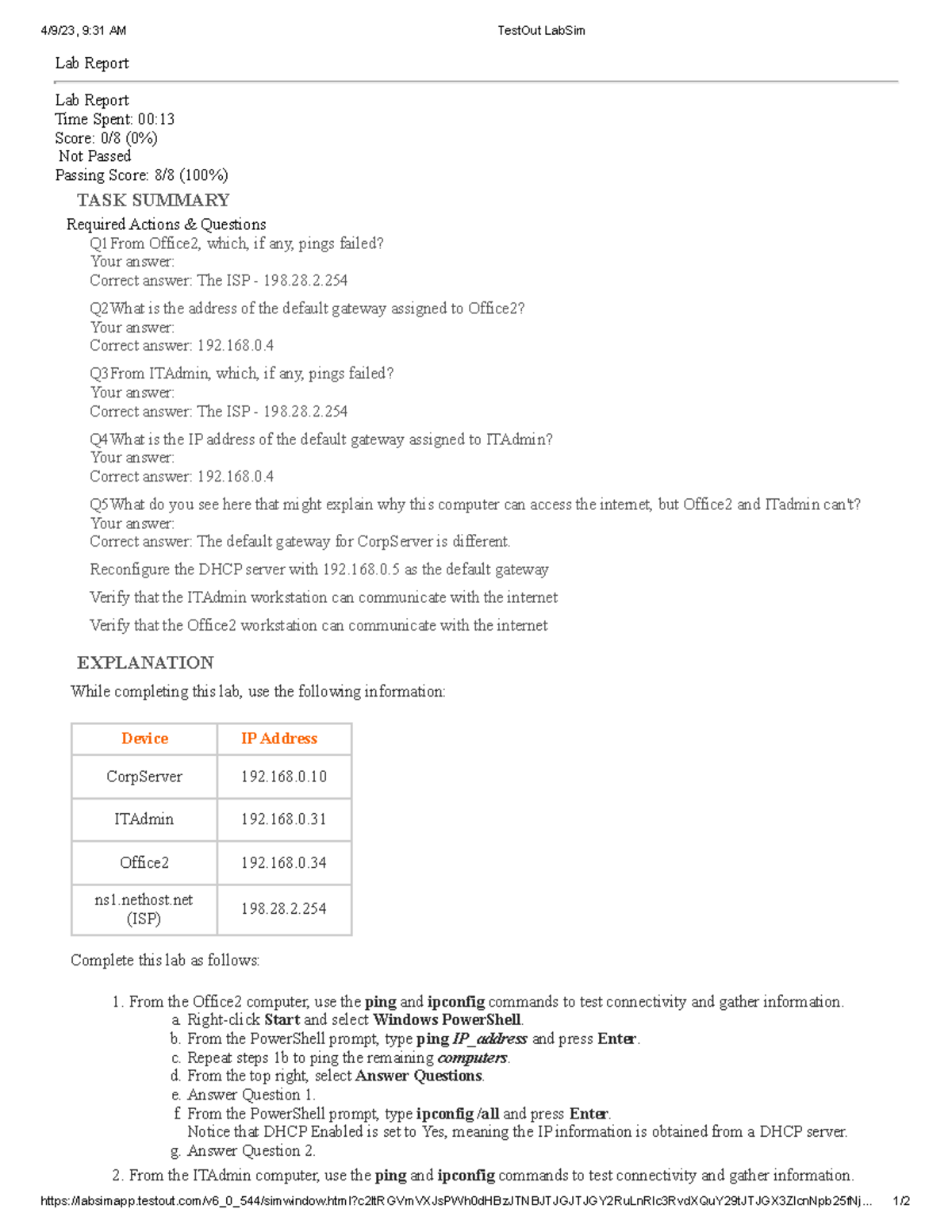 4.9.6 Troubleshoot IP Configuration 1 4/9/23, 931 AM TestOut LabSim