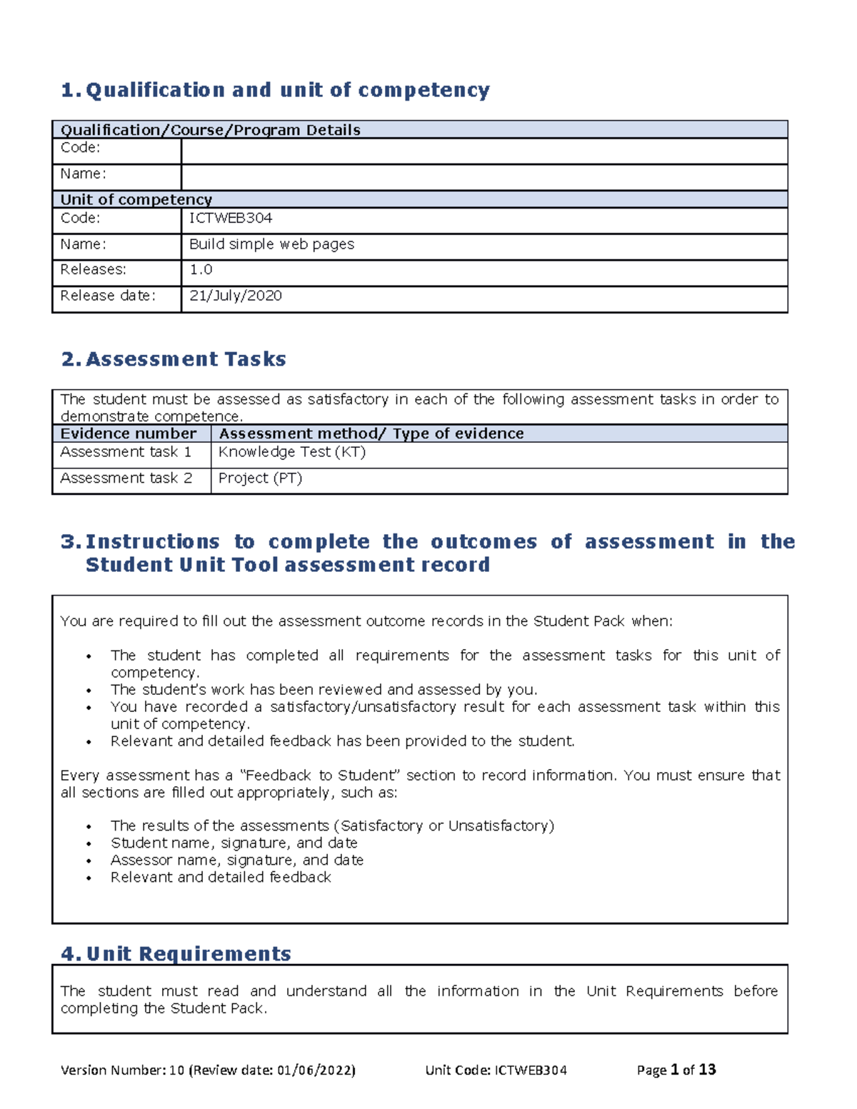 Ictweb 304 Knowledge Evidence Part 1 - 1. Qualification and unit of ...