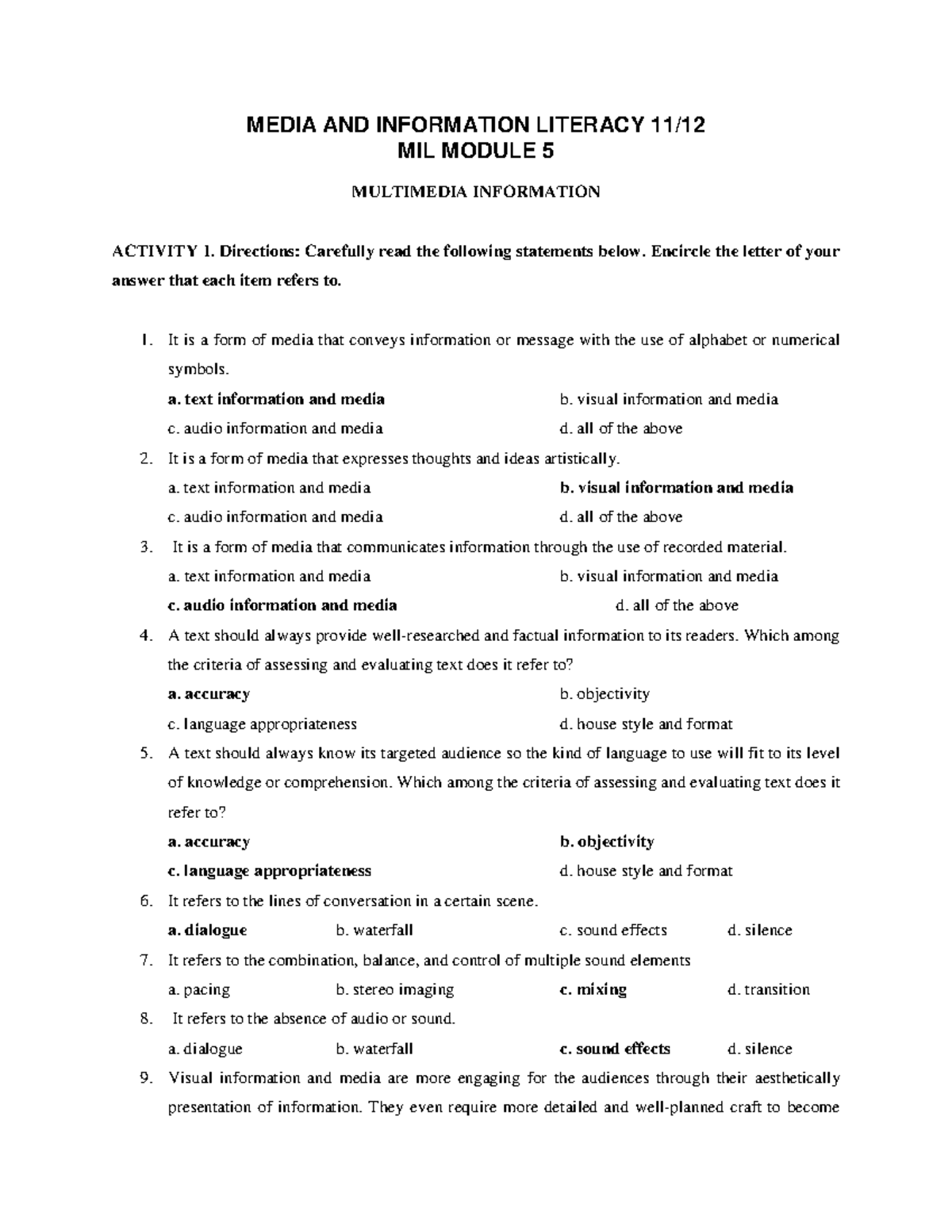 Media And Information Literacy Module 5 Activity 1 Media And Information Literacy 11 Mil 4867