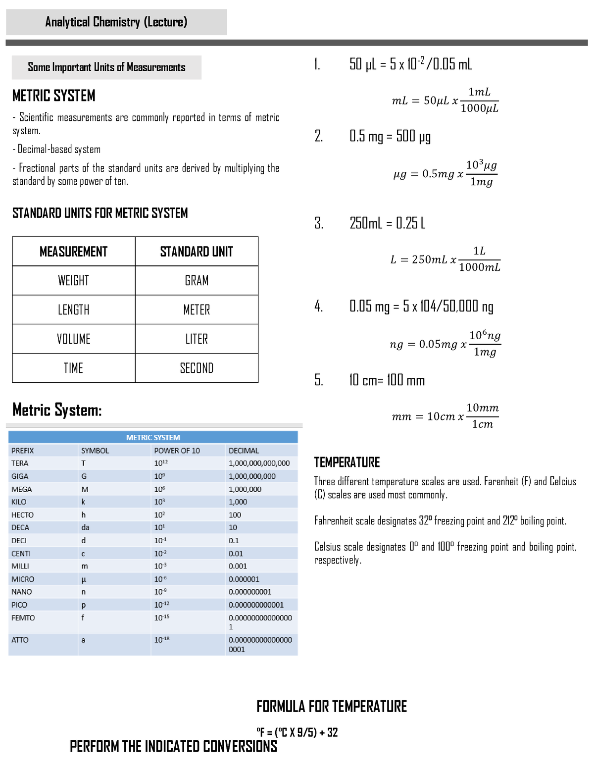 Analytical Chem Lec Some Important Units Of Measurements   METRIC