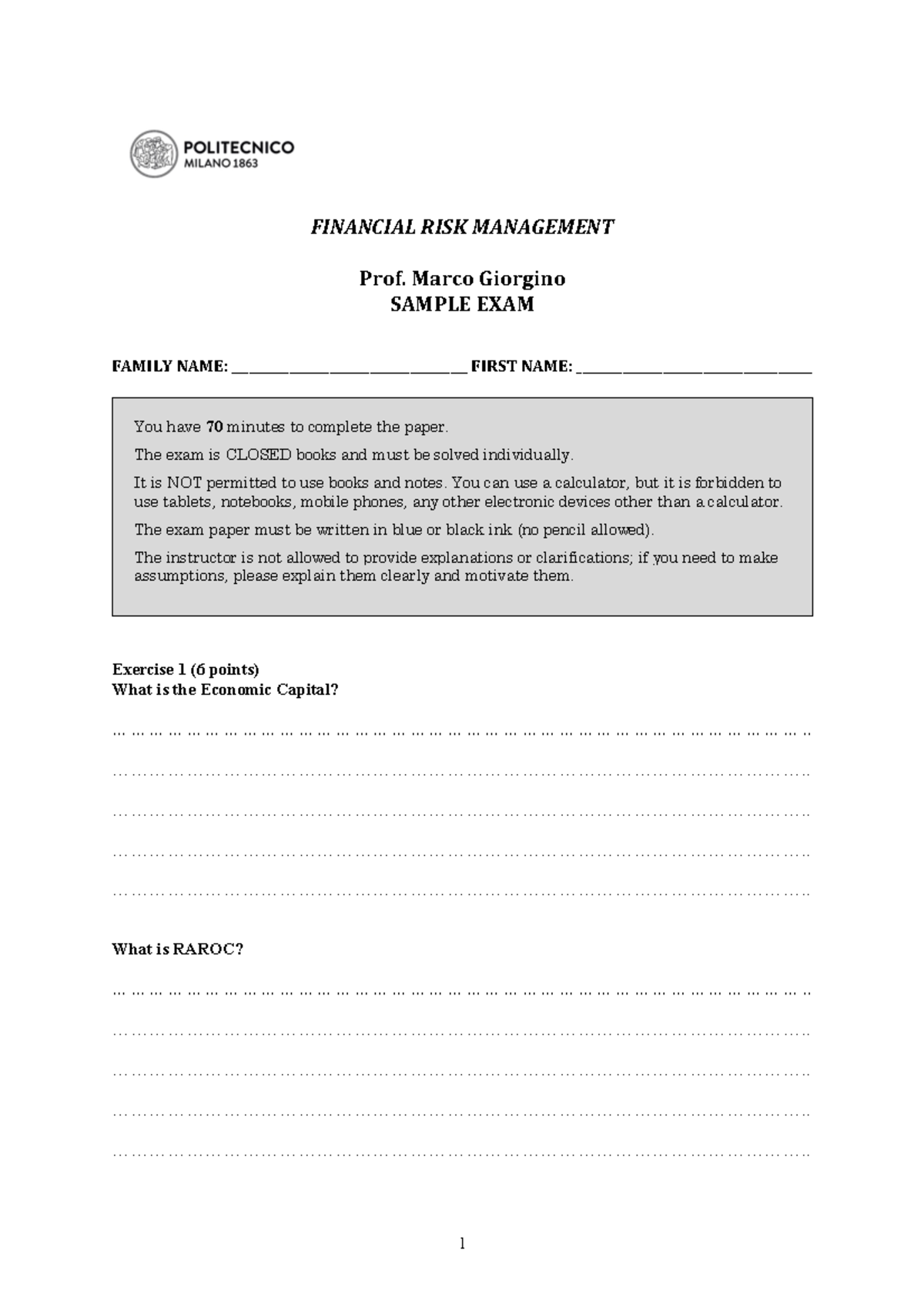 Sample Exam - FINANCIAL RISK MANAGEMENT Prof. Marco Giorgino SAMPLE ...