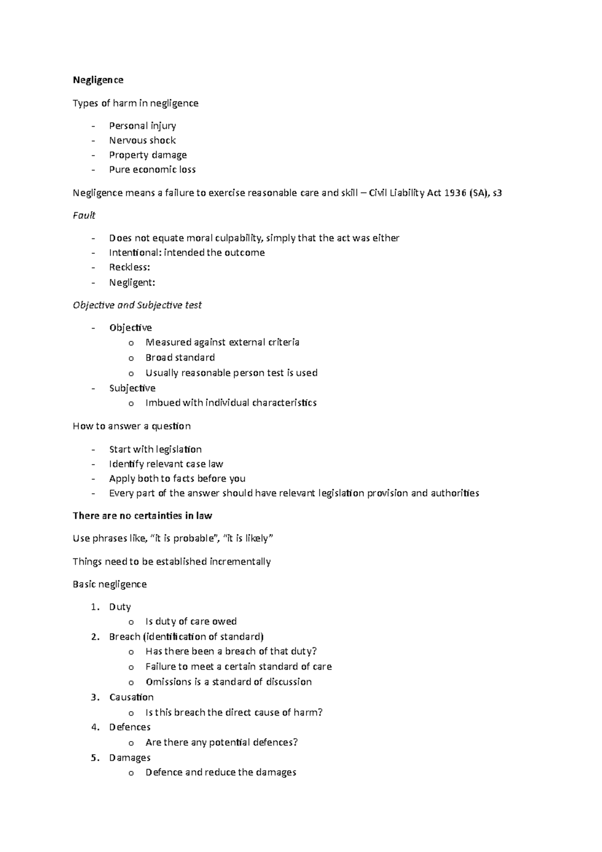 Lecture Notes For Week 2 - Negligence Types Of Harm In Negligence 